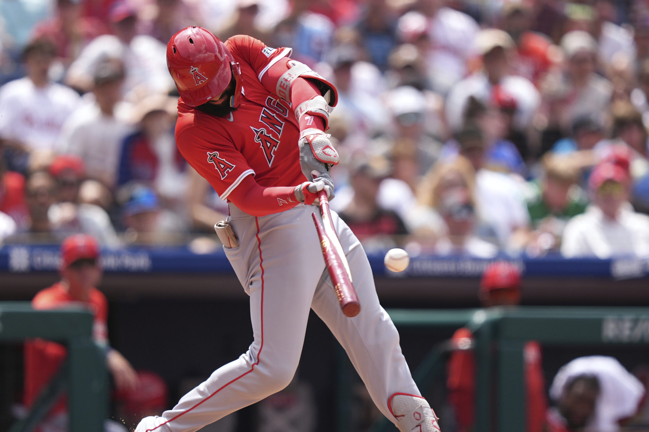 Angels’ Jo Adell breaks his bat on a ground out...
