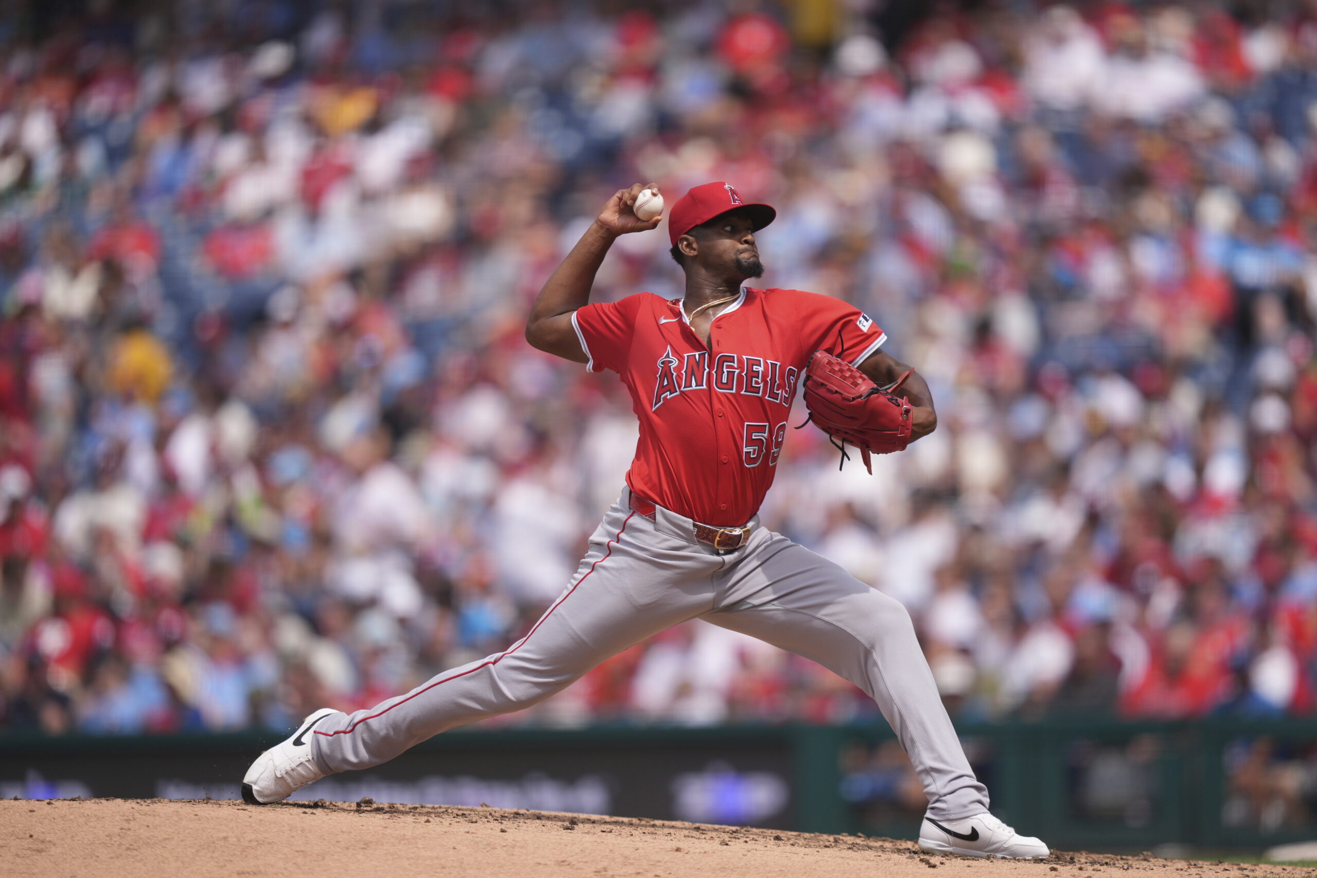 Angels’ José Soriano plays during a baseball game Sunday, July...