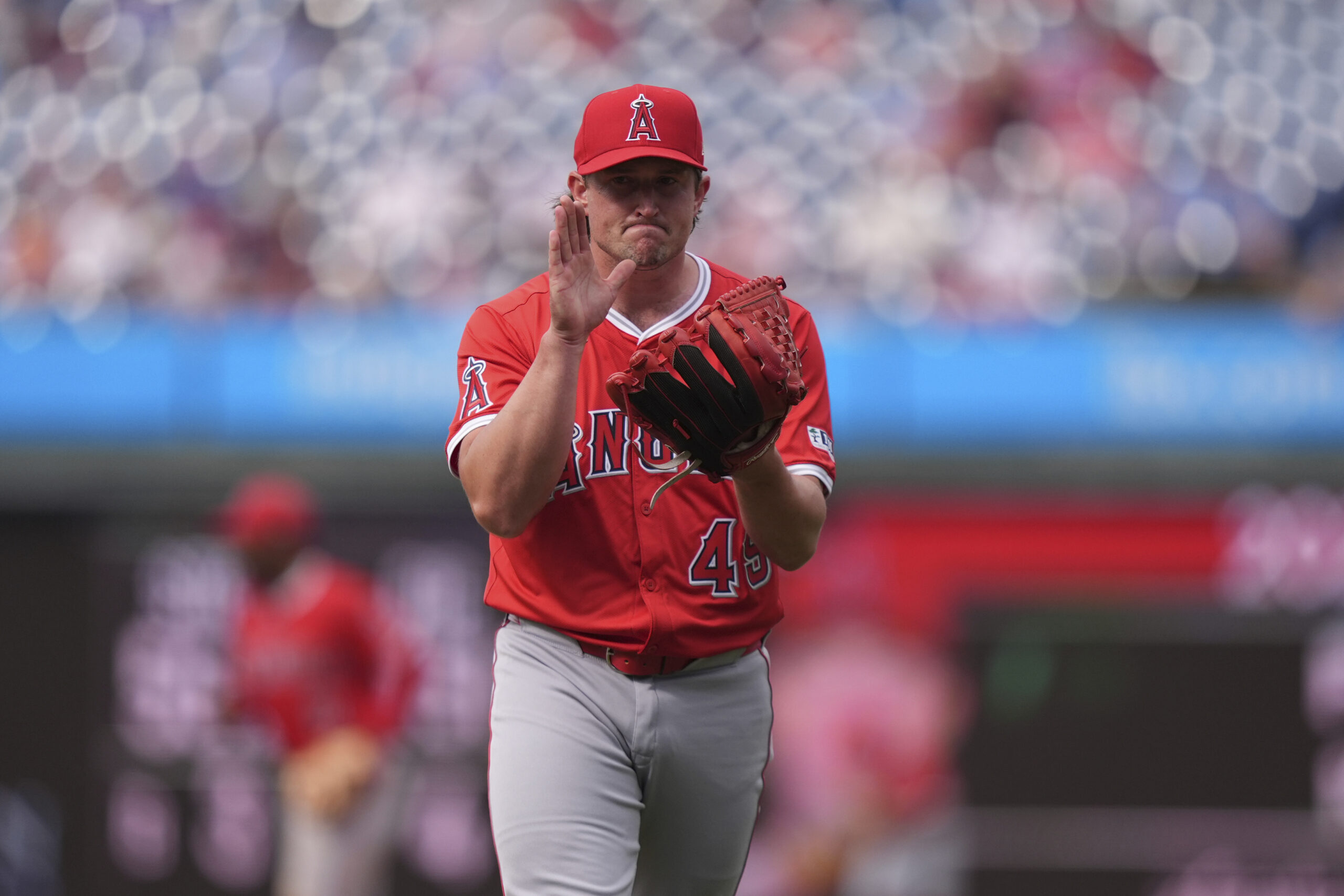 Angels’ Carson Fulmer reacts during a baseball game Sunday, July...