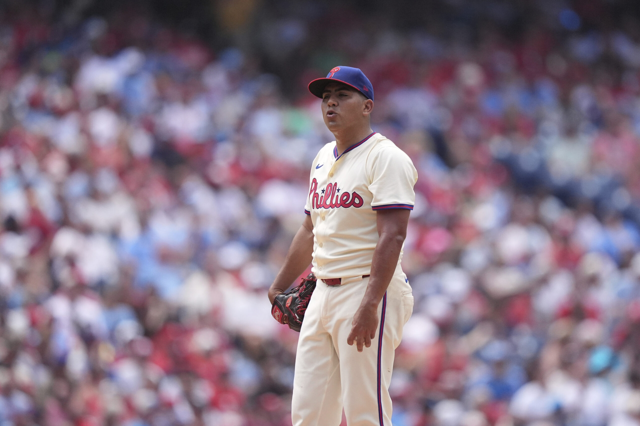 Philadelphia Phillies’ Ranger Suárez reacts during a baseball game Sunday,...