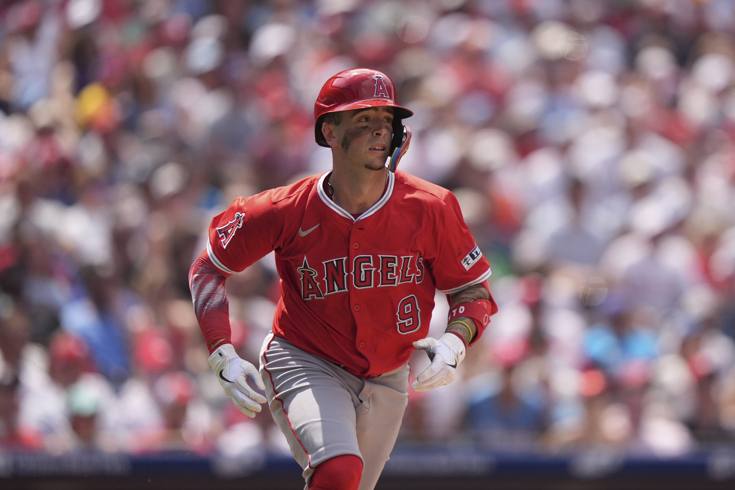 Angels’ Zach Neto plays during a baseball game Sunday, July...