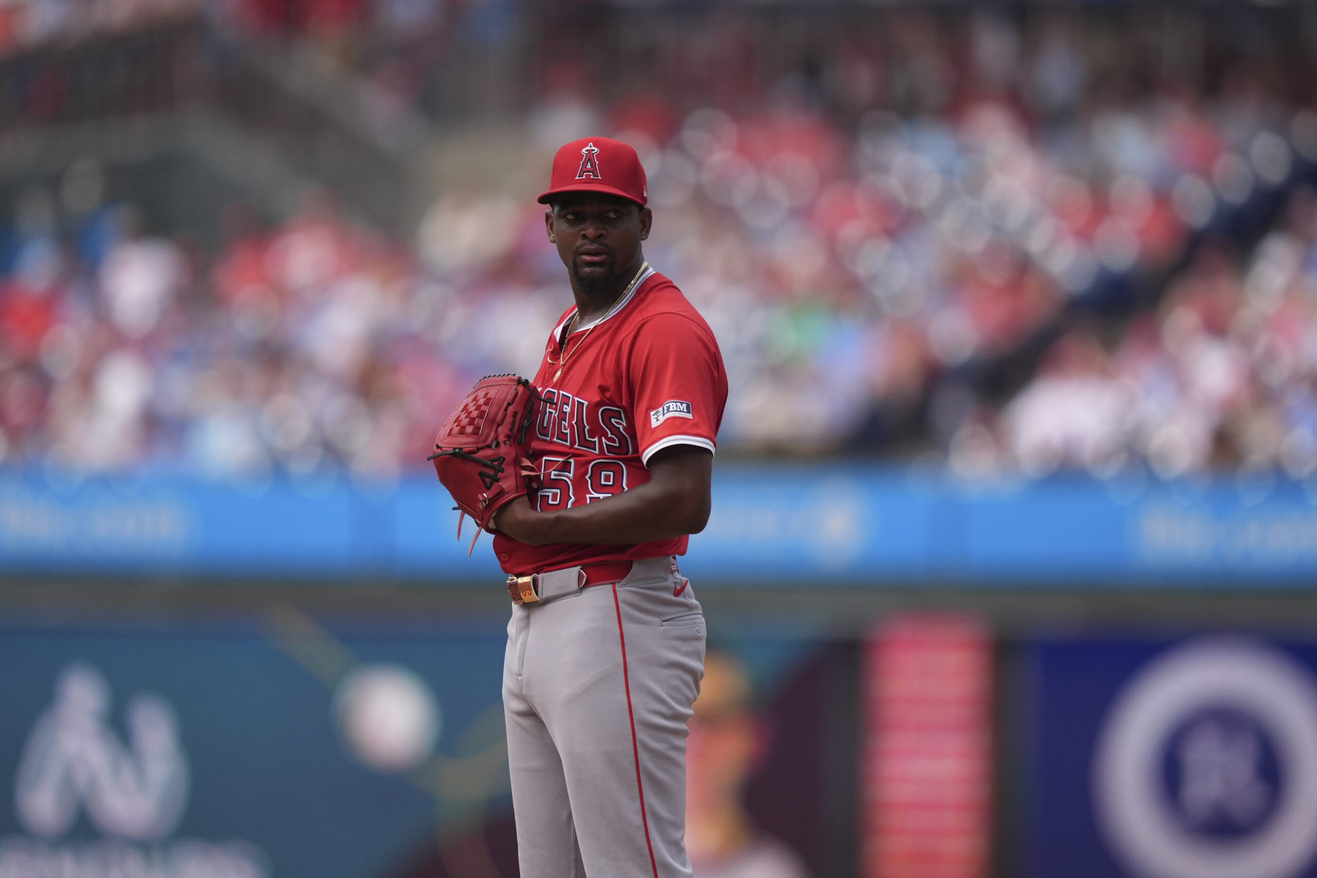 Angels’ José Soriano plays during a baseball game Sunday, July...