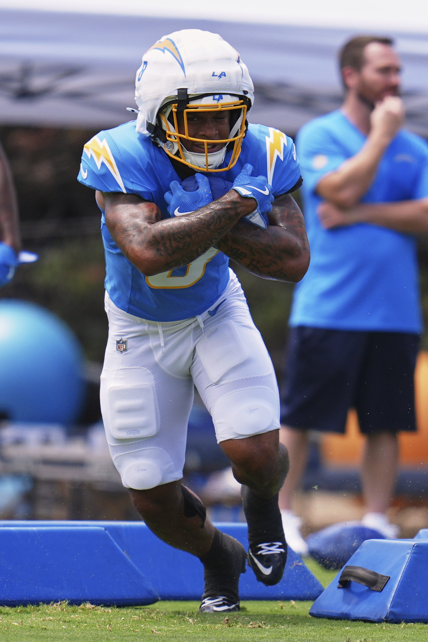 Chargers rookie running back Omarion Hampton goes through a drill...