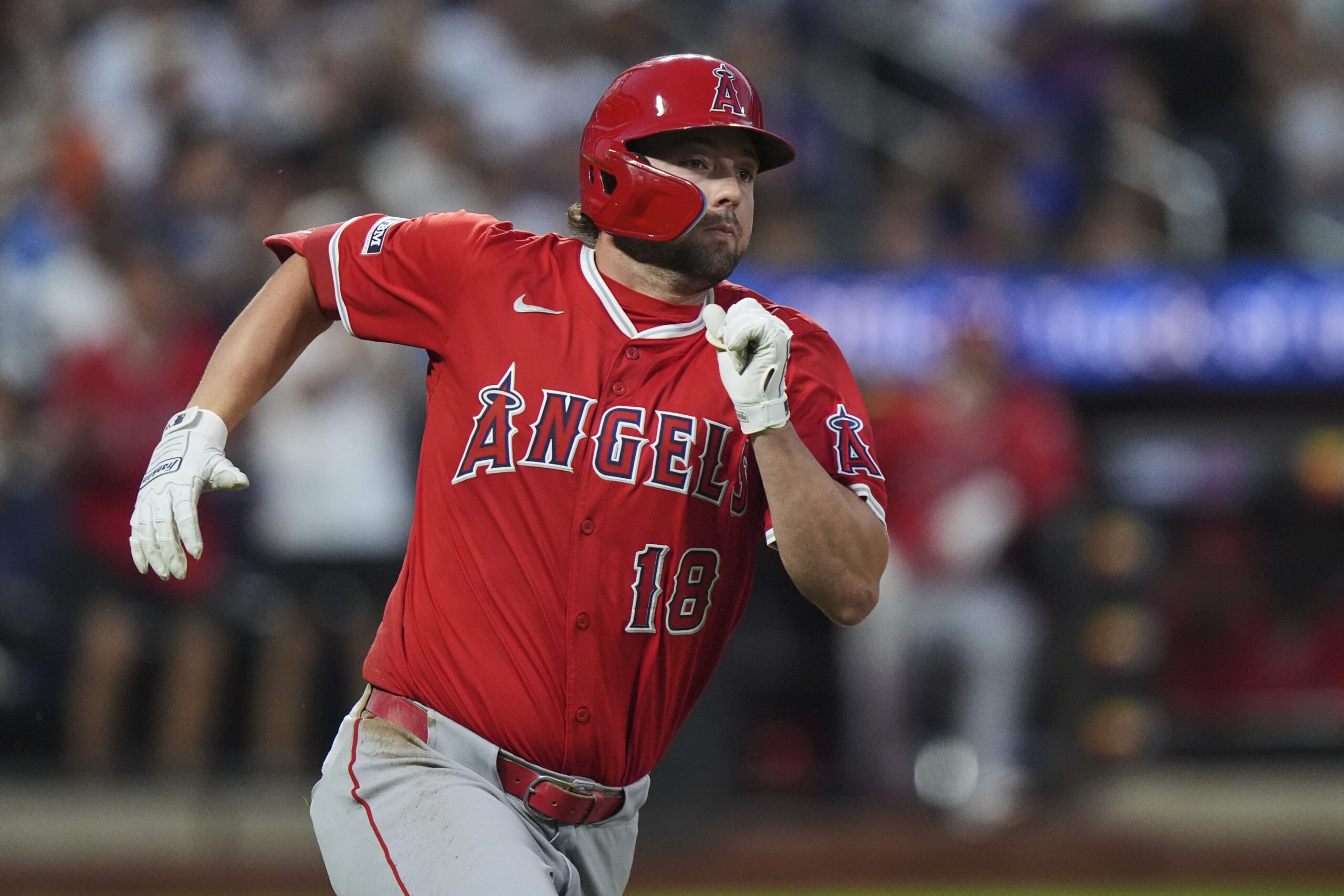 The Angels’ Nolan Schanuel runs for an RBI double during...