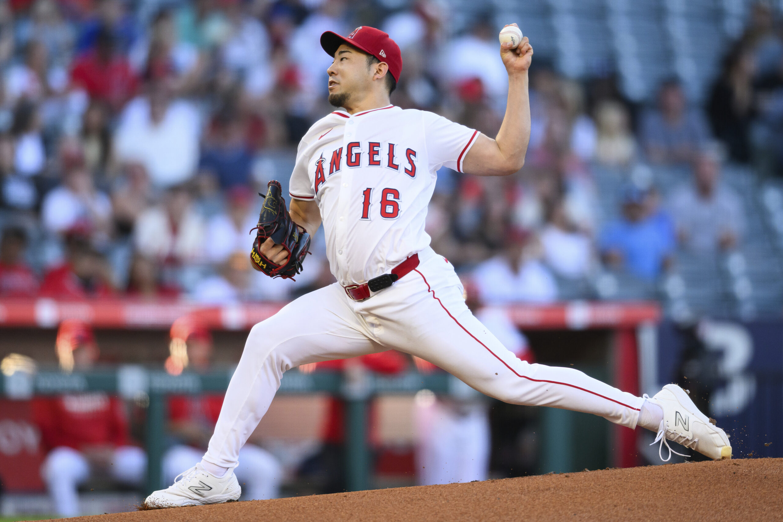Angels pitcher Yusei Kikuchi delivers during the first inning of...