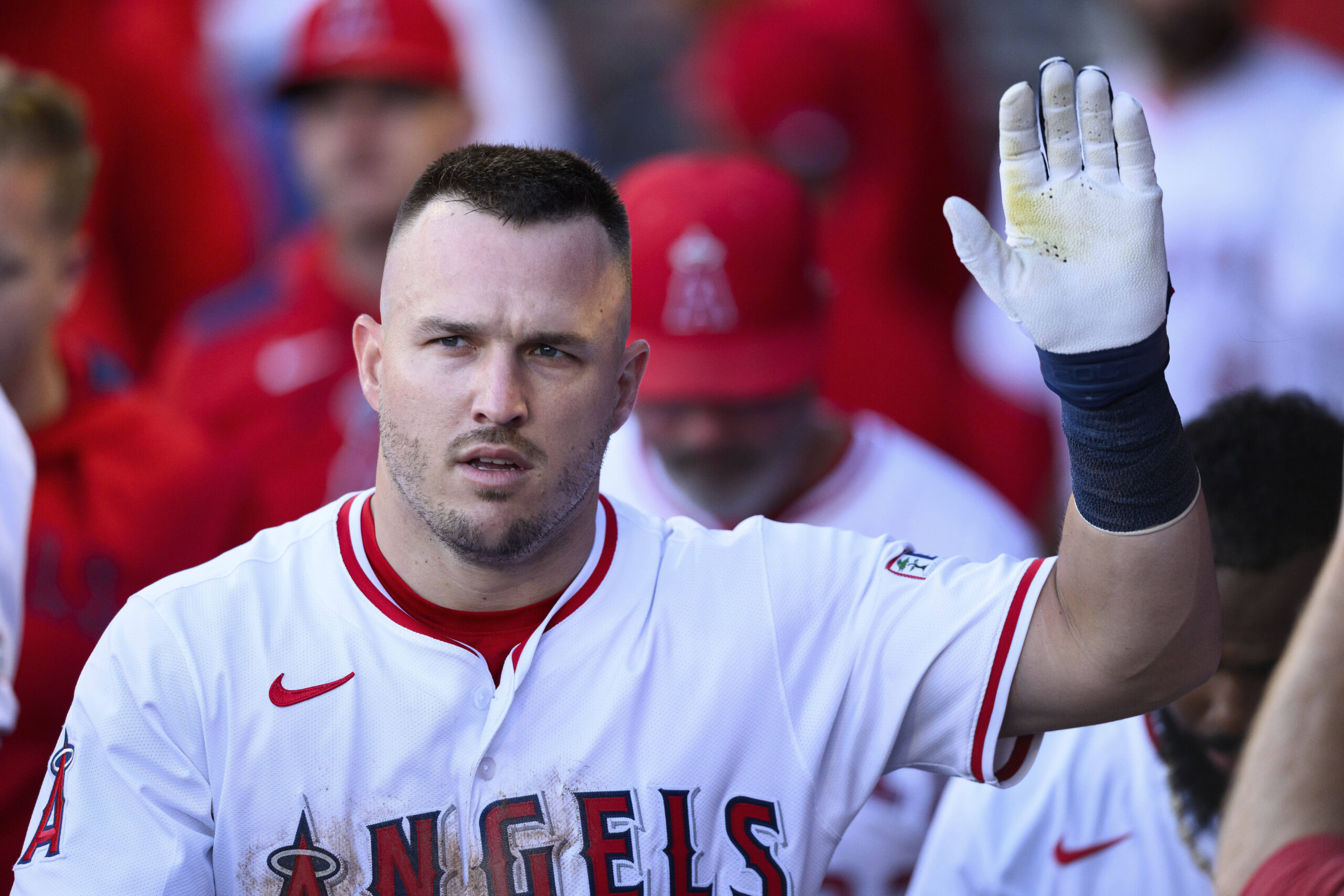 Angels Mike Trout celebrates with teammates after scoring during the...
