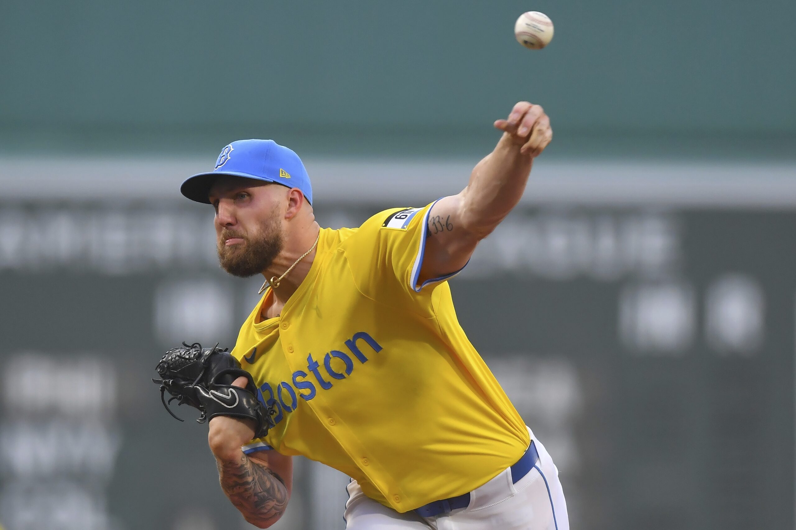 Boston Red Sox’s Garrett Crochet delivers a pitch to a...