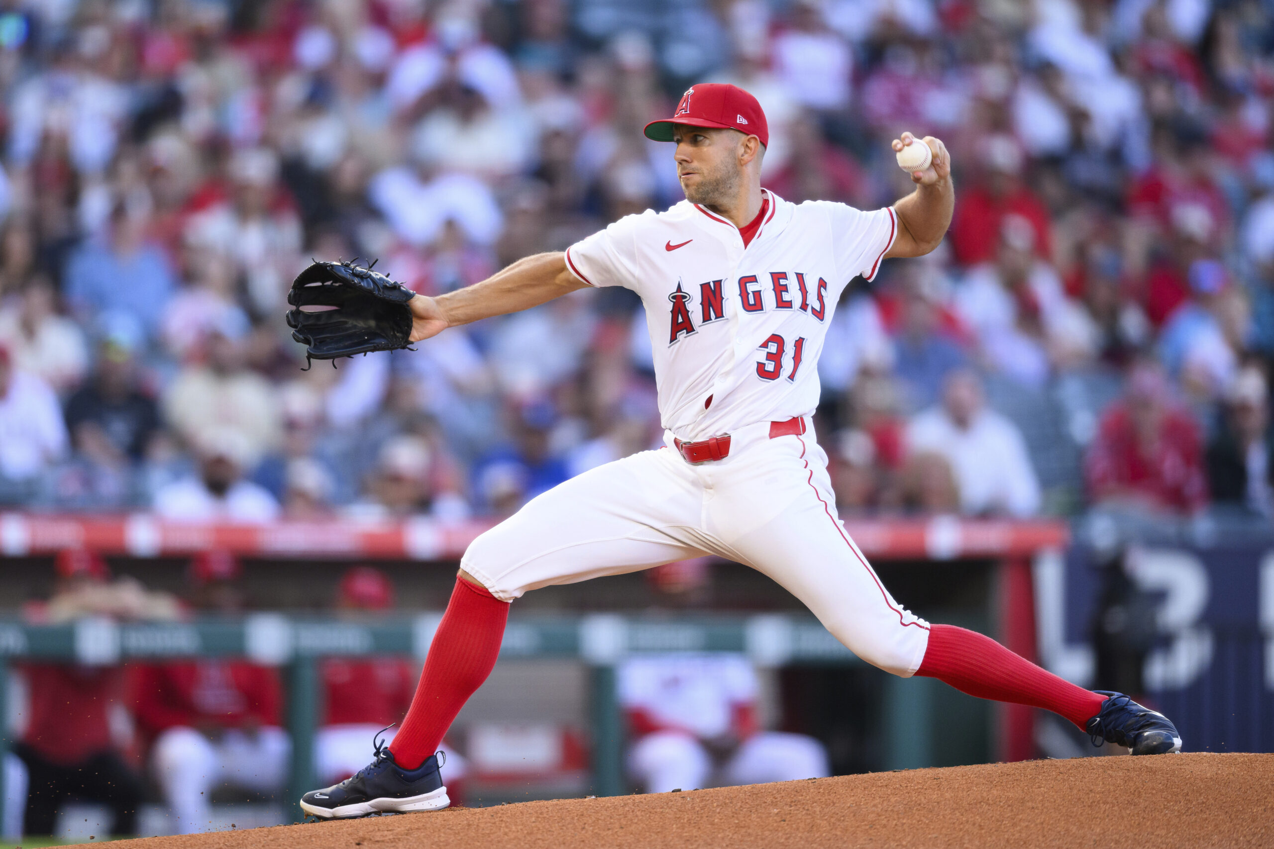 Angels pitcher Tyler Anderson delivers during the first inning of...