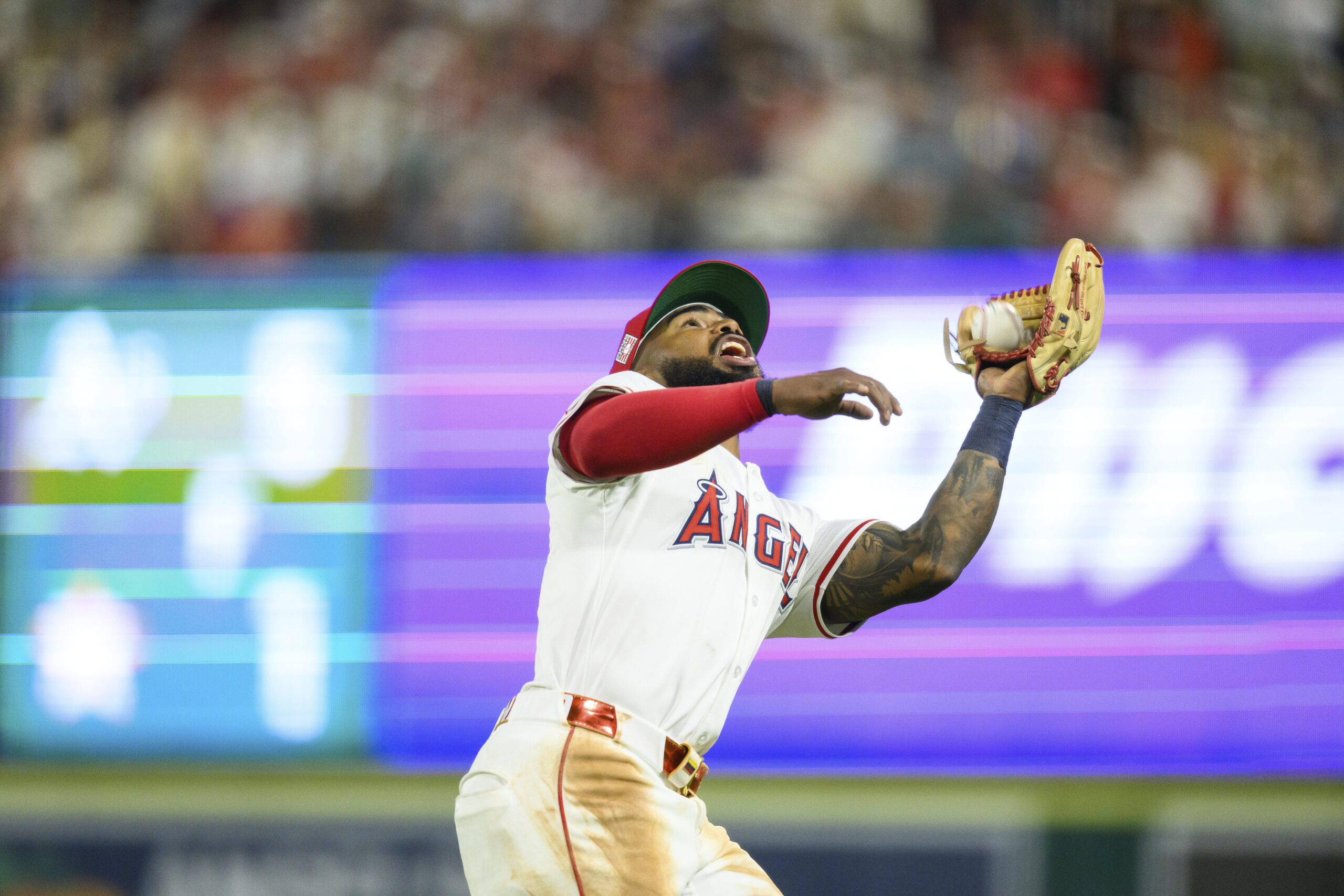 Angels second baseman Luis Rengifo makes a catch during the...