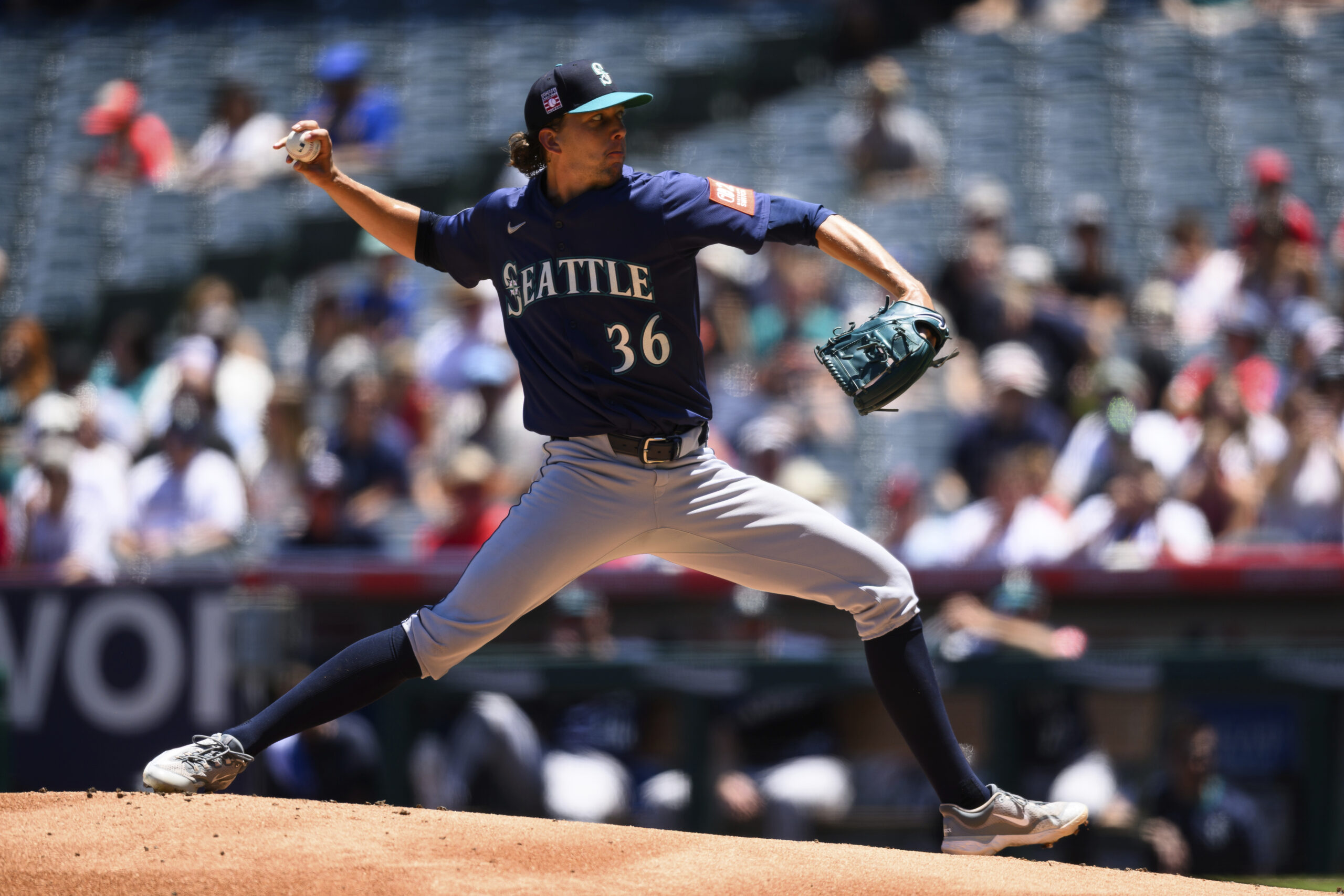 Seattle Mariners pitcher Logan Gilbert delivers during the first inning...