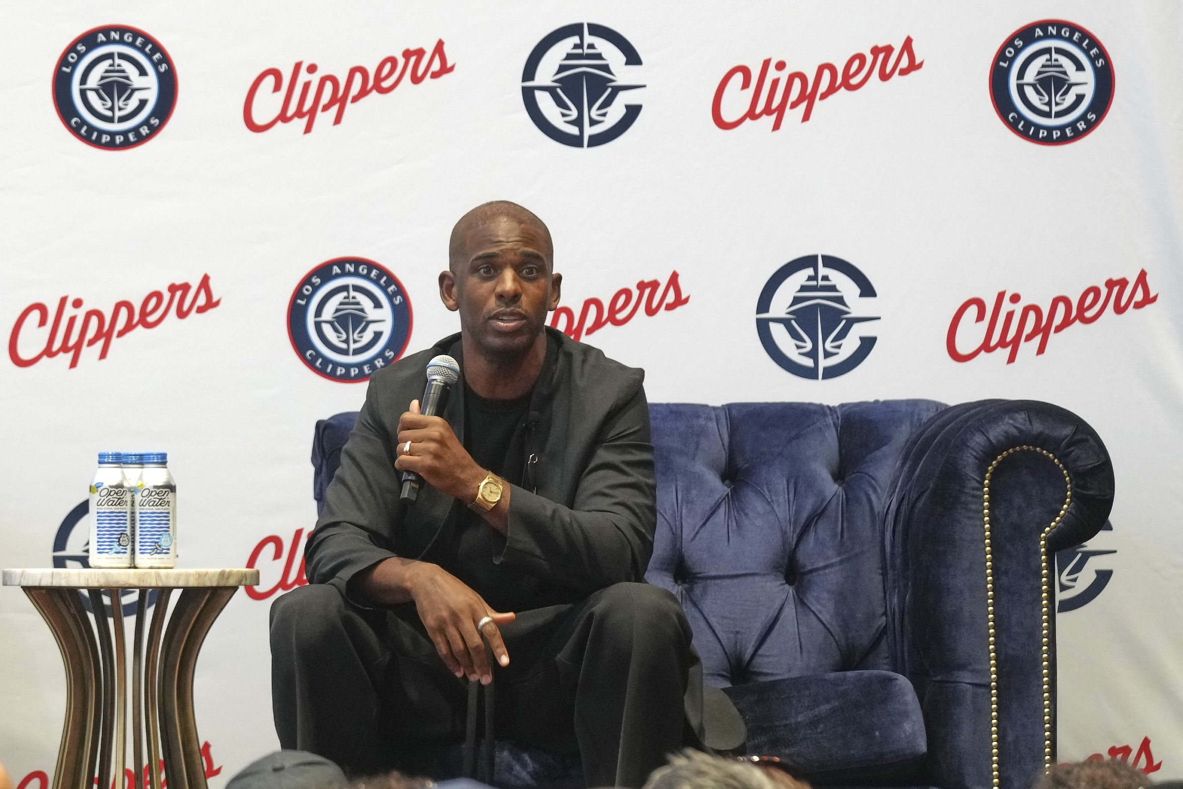 Clippers guard Chris Paul answers a question during a Q&A...