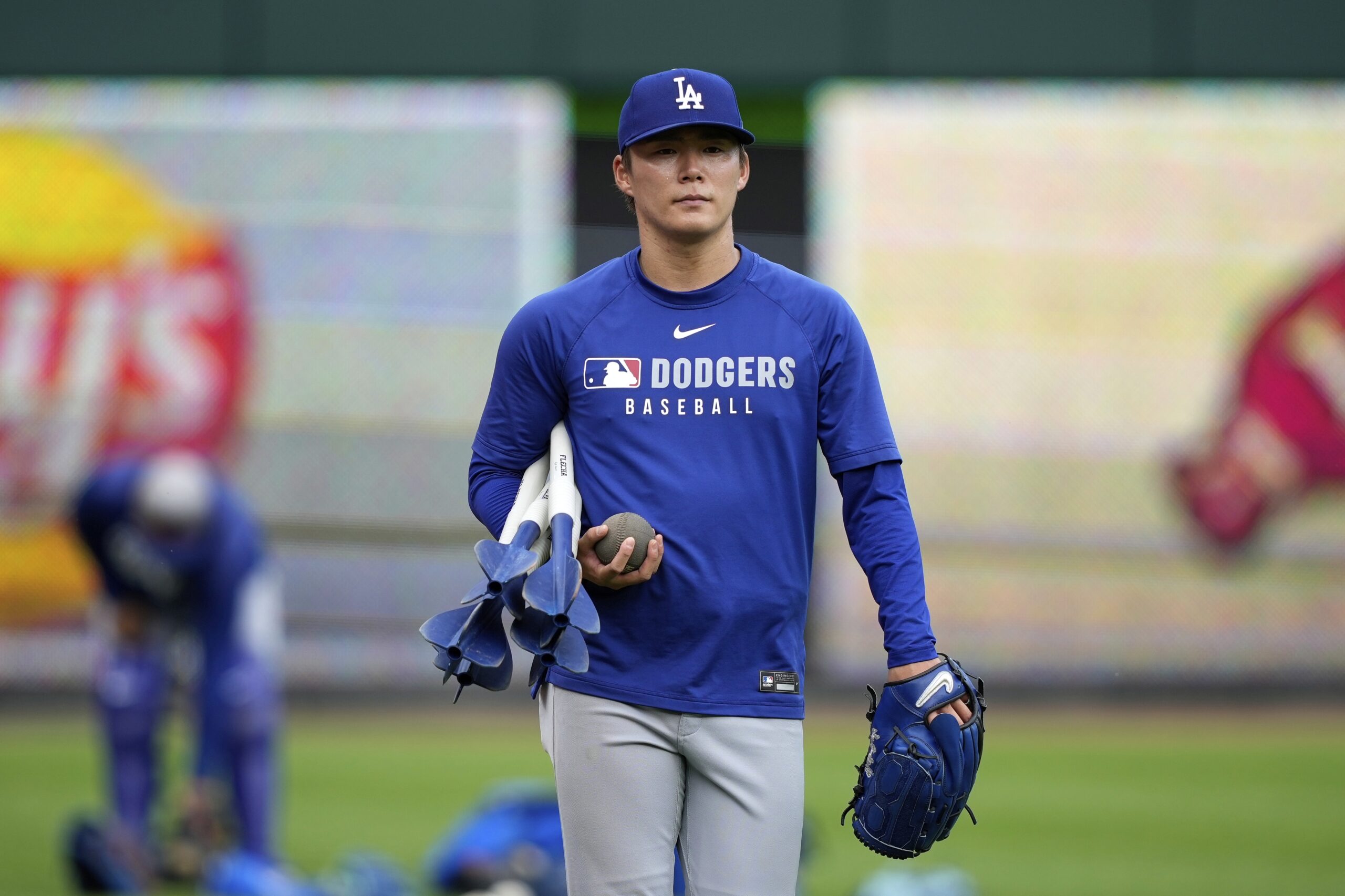 Los Angeles Dodgers’ Yoshinobu Yamamoto is seen before a baseball...