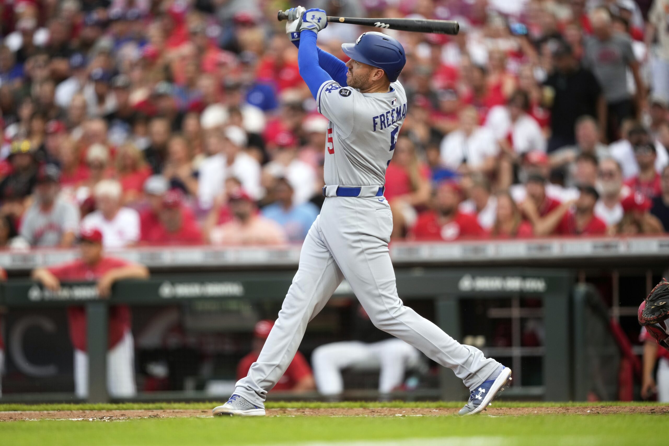 The Dodgers’ Freddie Freeman hits a two-run home run during...