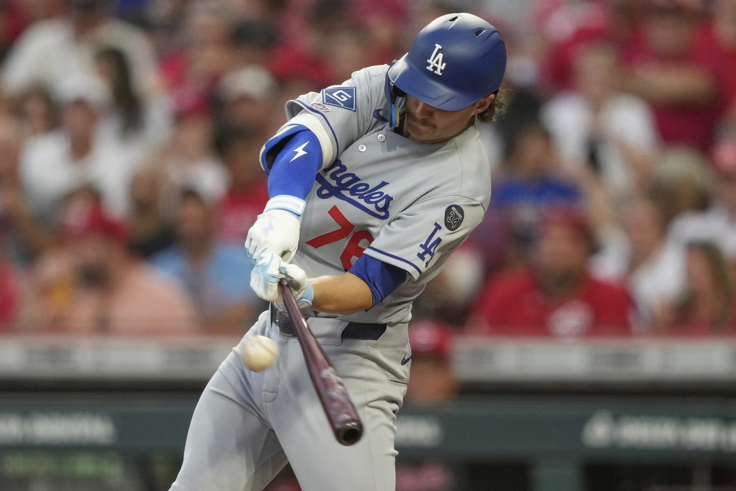 The Dodgers’ Alex Freeland gets his first major league hit...