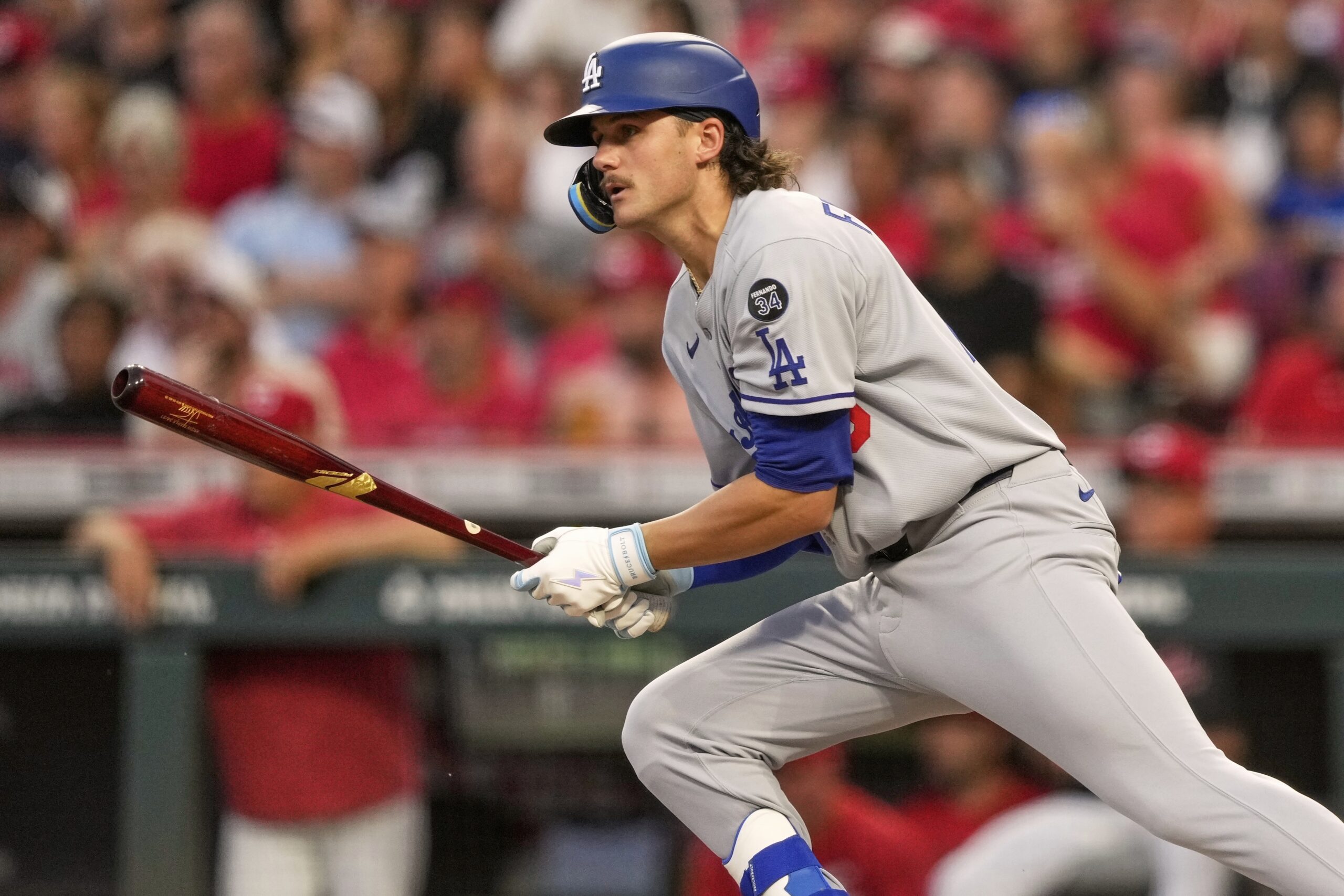 The Dodgers’ Alex Freeland gets his first major league hit...