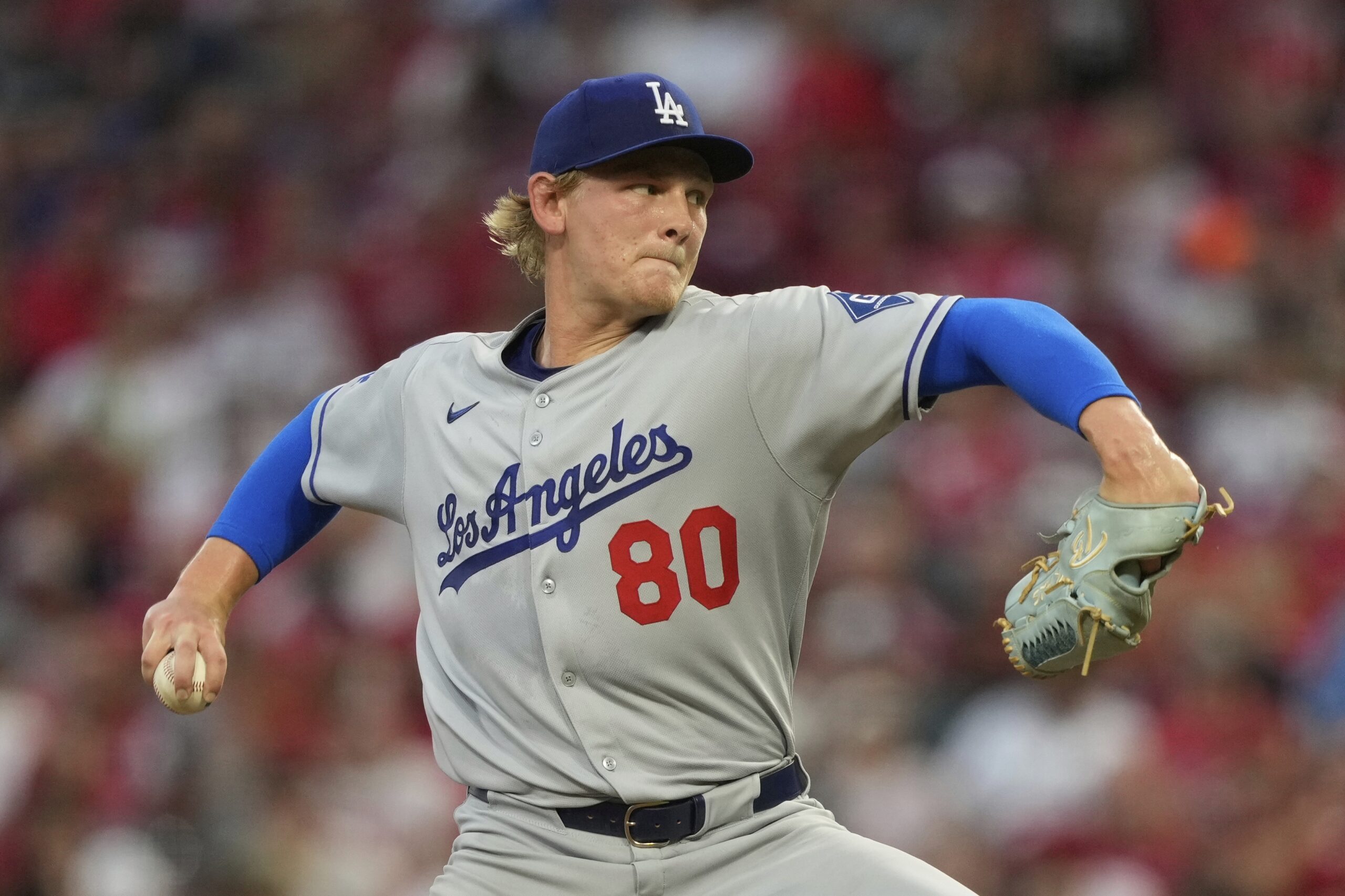 Dodgers relief pitcher Emmet Sheehan throws to the plate during...