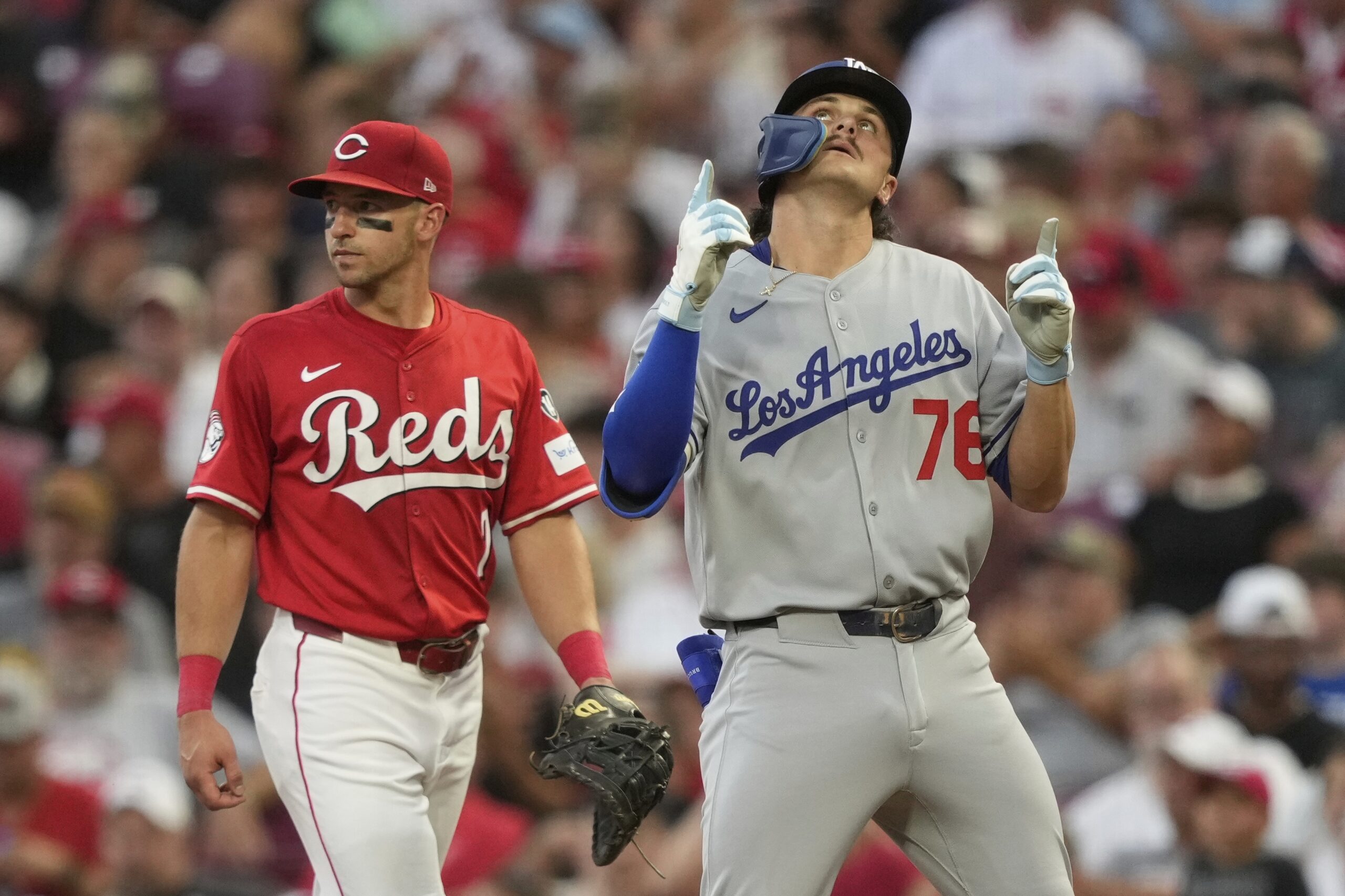 The Dodgers’ Alex Freeland reacts after getting his first major...