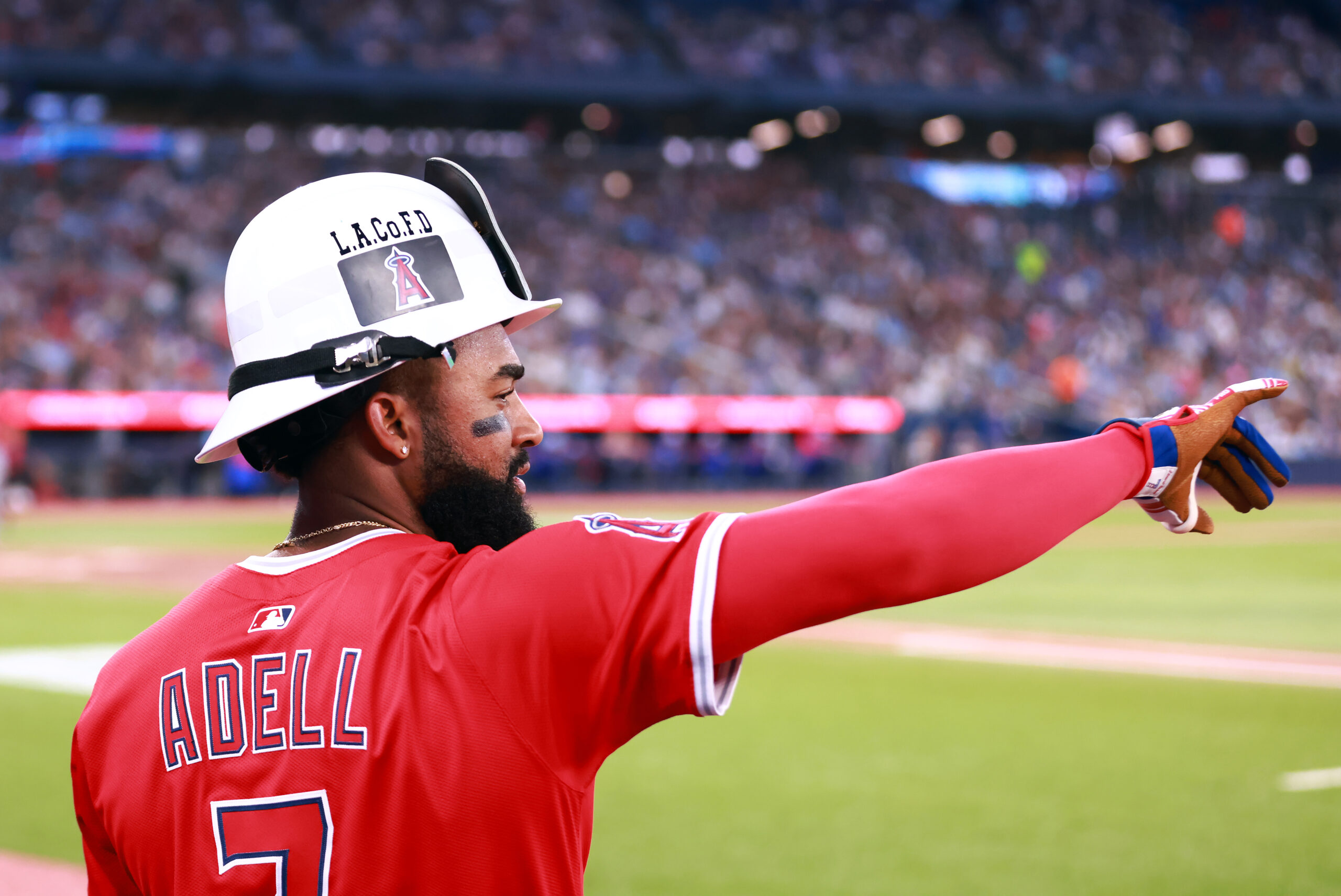 TORONTO, ON – JULY 04: Jo Adell #7 of the...