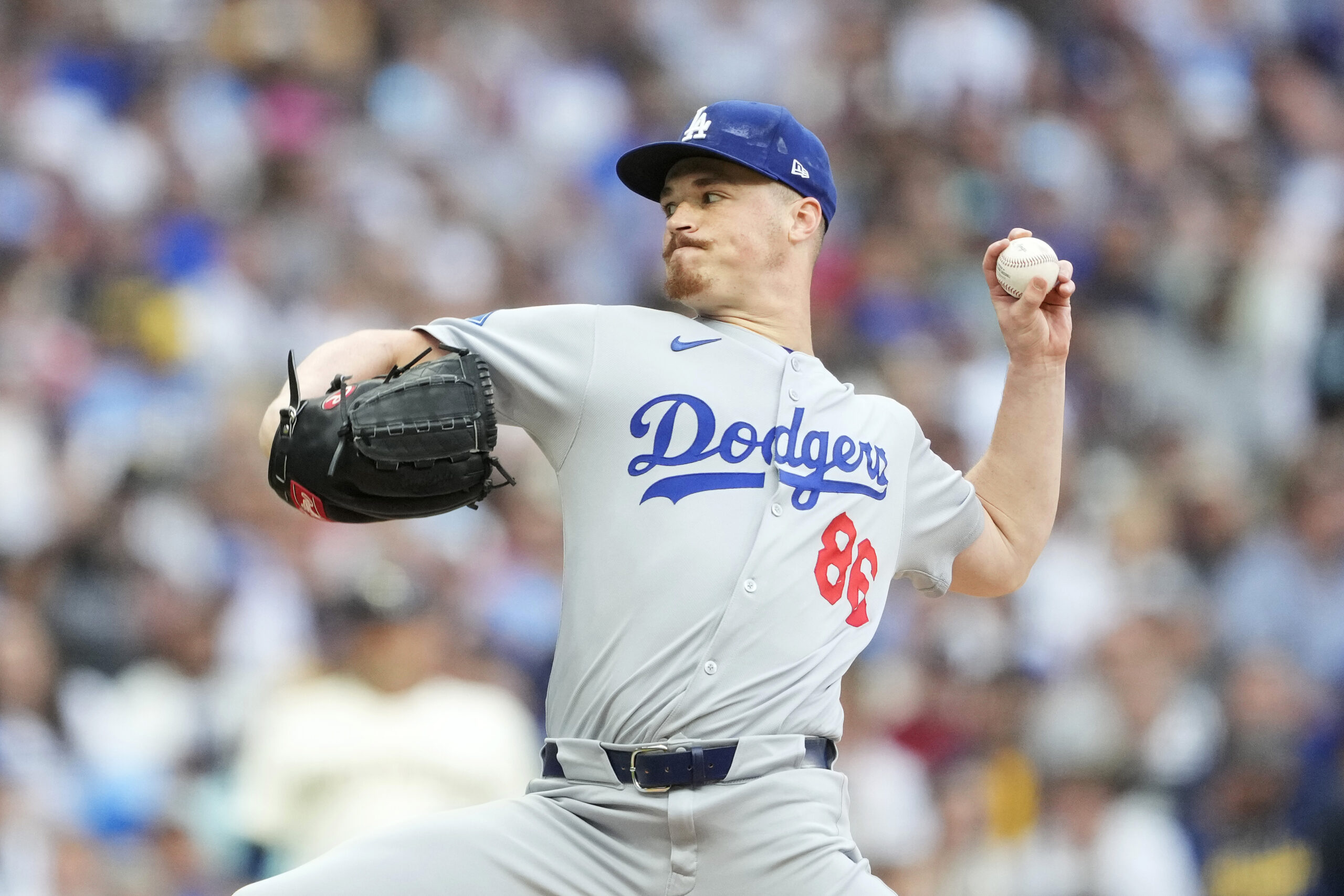 Dodgers relief pitcher Jack Dreyer throws to the plate during...