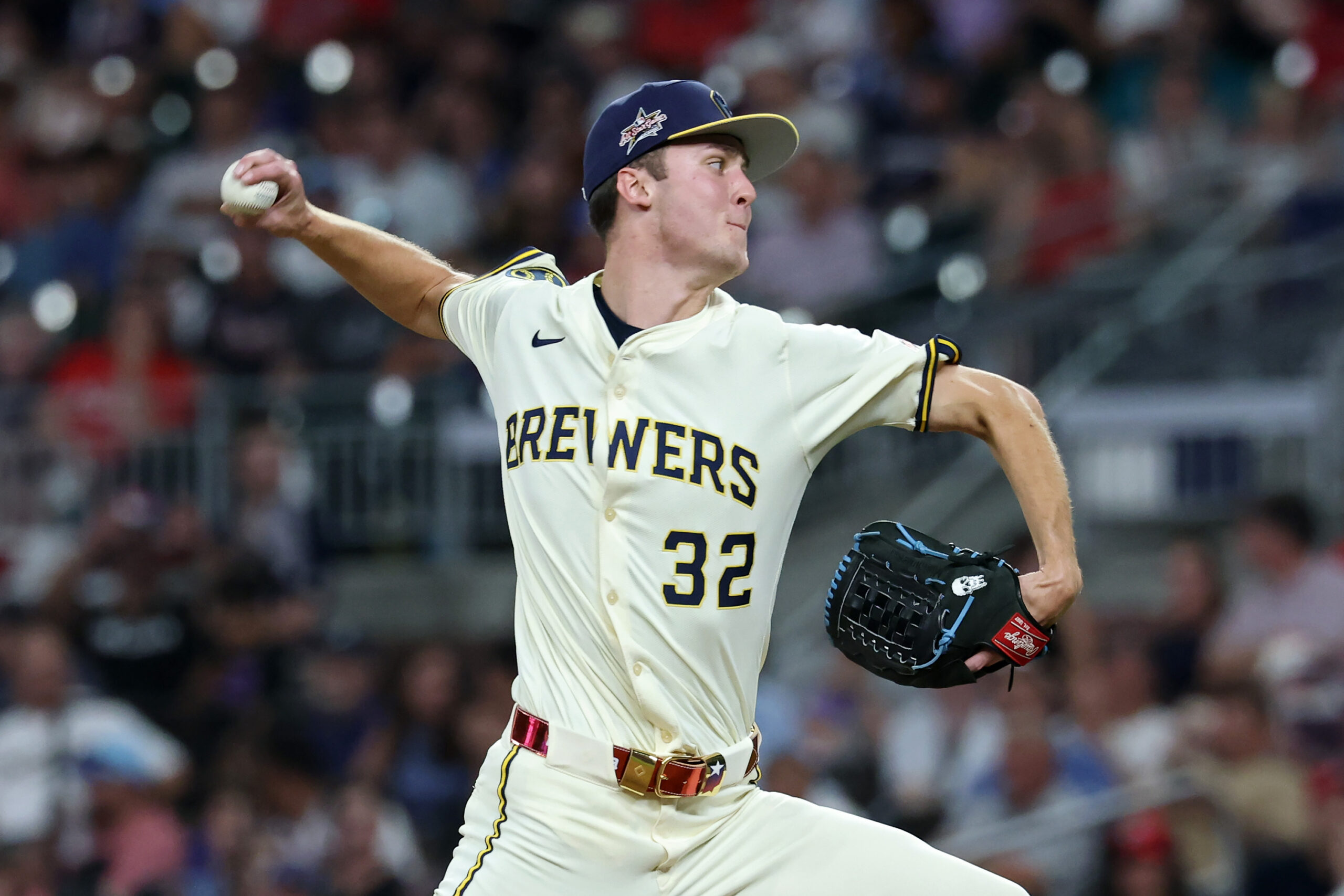 Milwaukee Brewers relief pitcher Jacob Misiorowski throws to the plate...