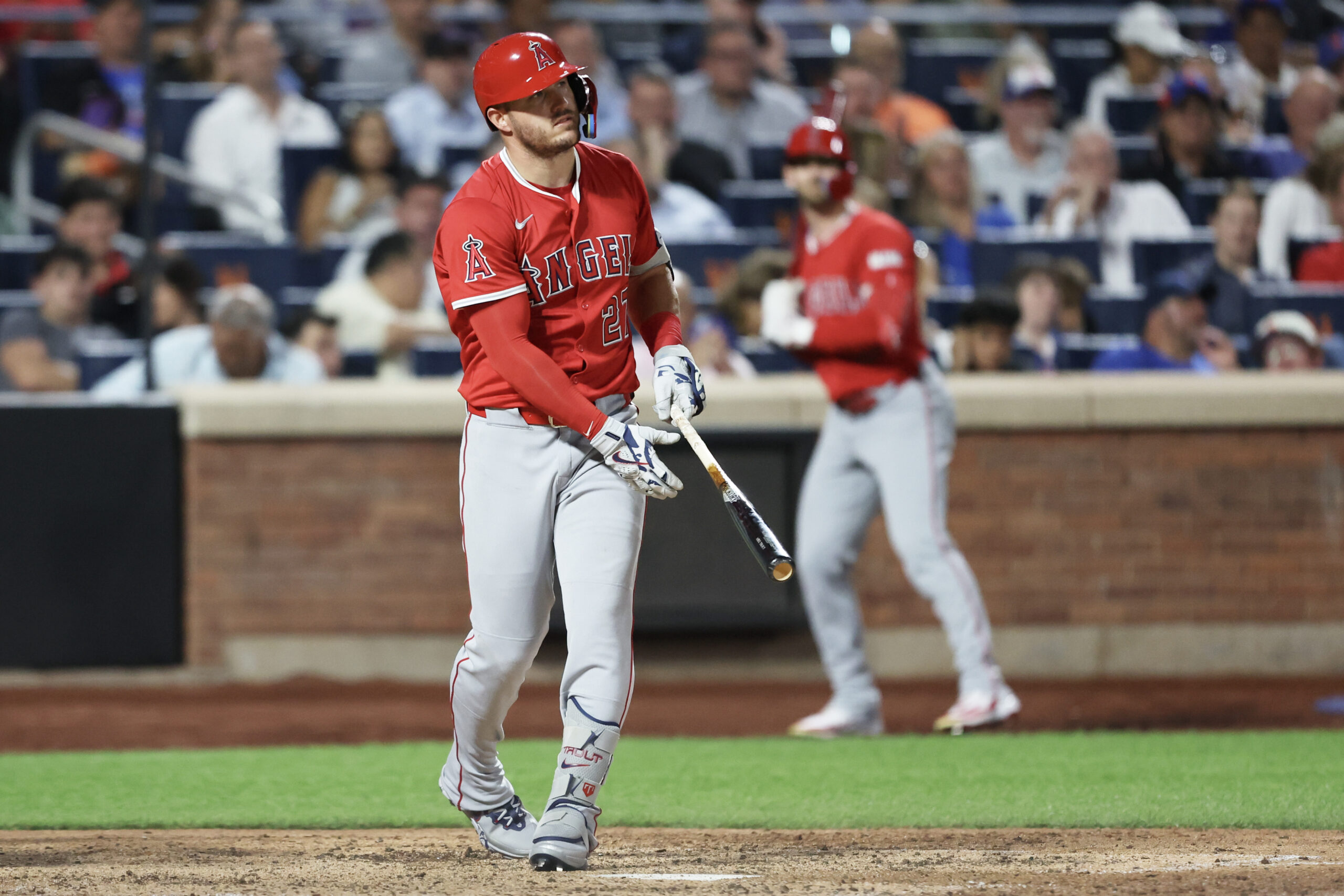 Angels star Mike Trout strikes out during the seventh inning...
