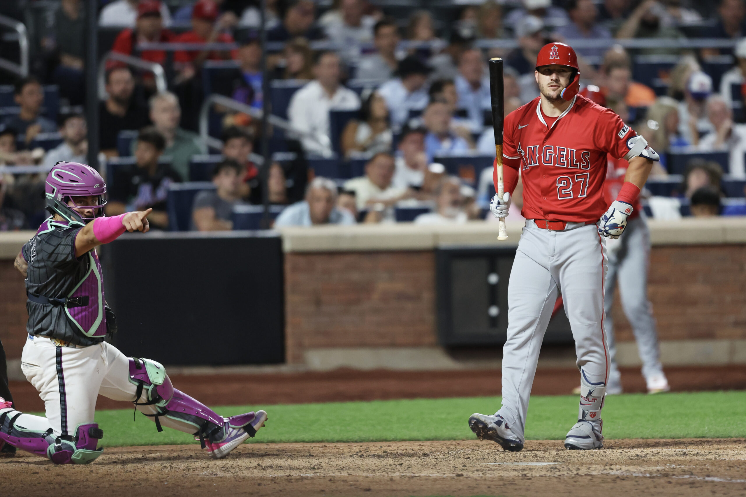 Angels star Mike Trout prepares to bat during the seventh...