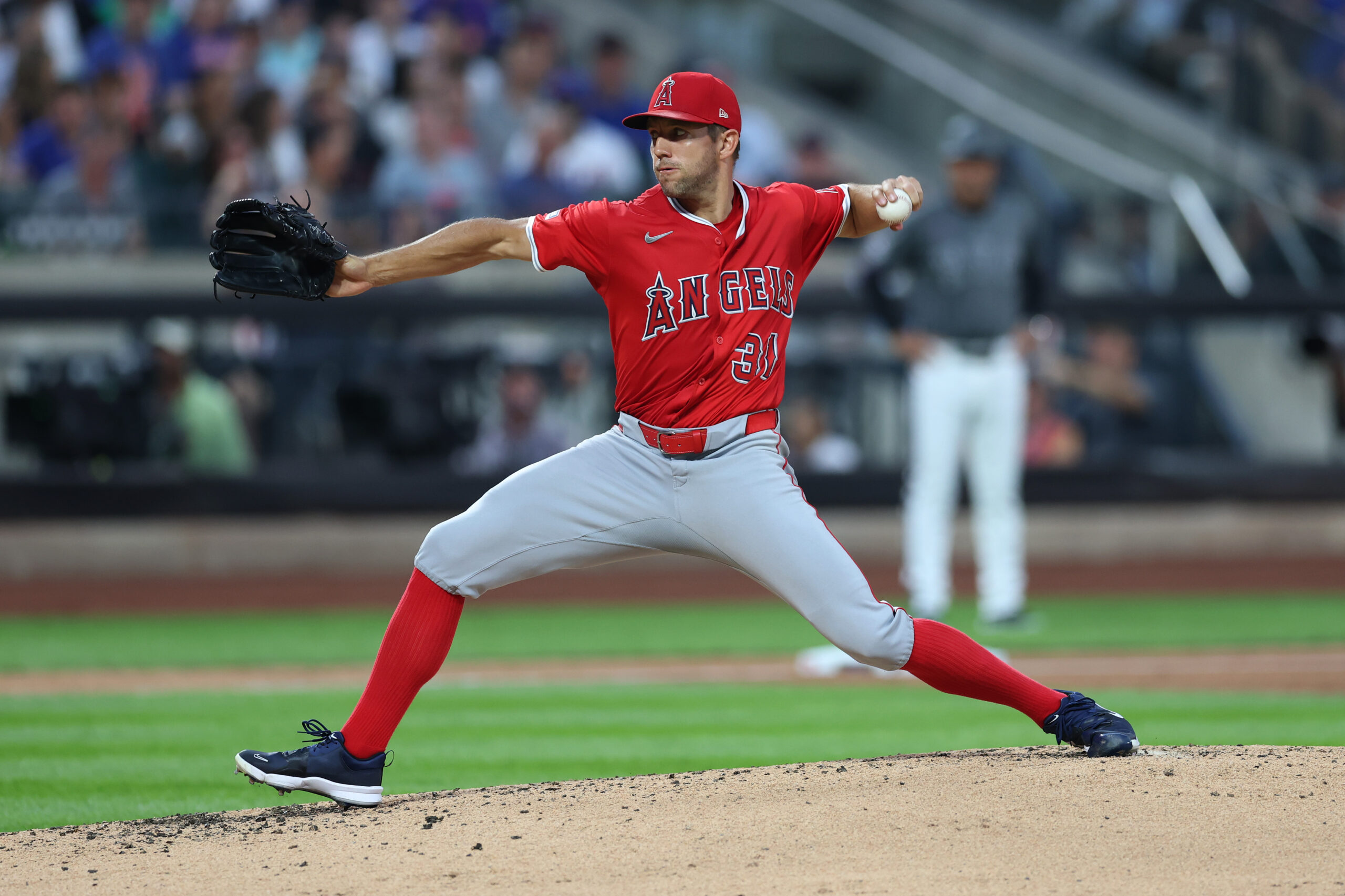 Angels starting pitcher Tyler Anderson throws to the plate during...