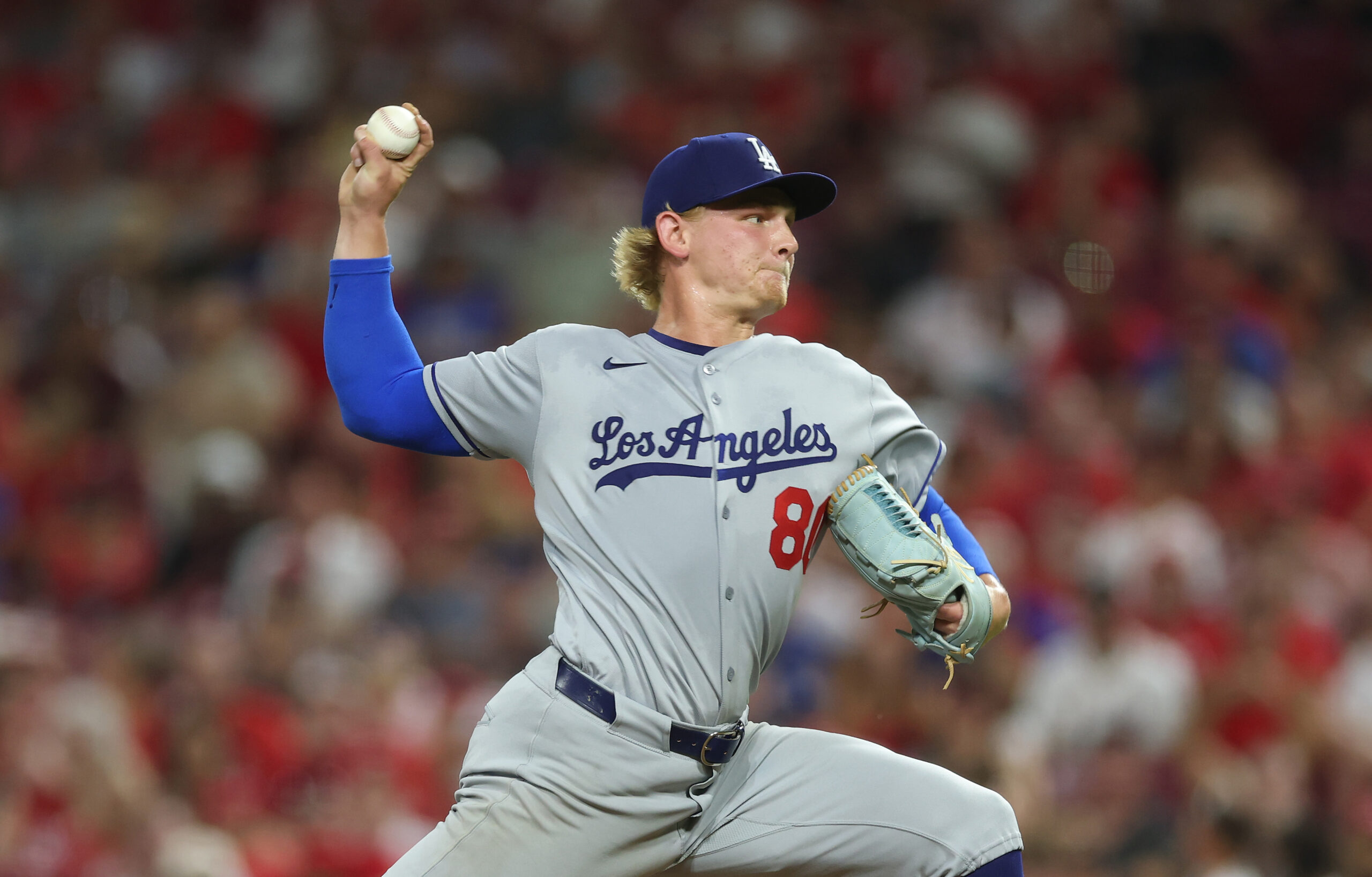 Dodgers relief pitcher Emmet Sheehan throws to the plate during...