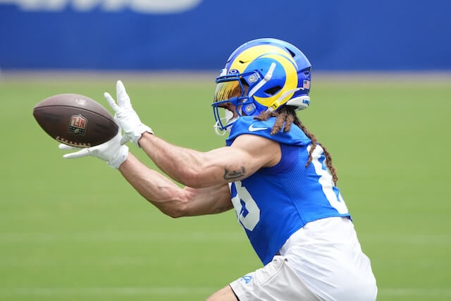 May 28, 2025; Woodland Hills, CA, USA; Los Angeles Rams wide receiver Jordan Whittington (88) catches a pass during organized team activities at Rams Practice Facility. Mandatory Credit: Kirby Lee-Imagn Images Jordan Whittington, Rams