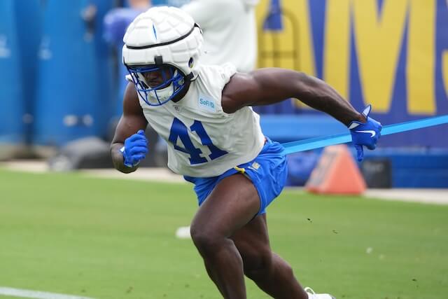 May 28, 2025; Woodland Hills, CA, USA; Los Angeles Rams offensive linebacker Josiah Stewart (41) runs a strength and conditioning drill during organized team activities at Rams Practice Facility. Mandatory Credit: Kirby Lee-Imagn Images Josiah Stewart, Rams