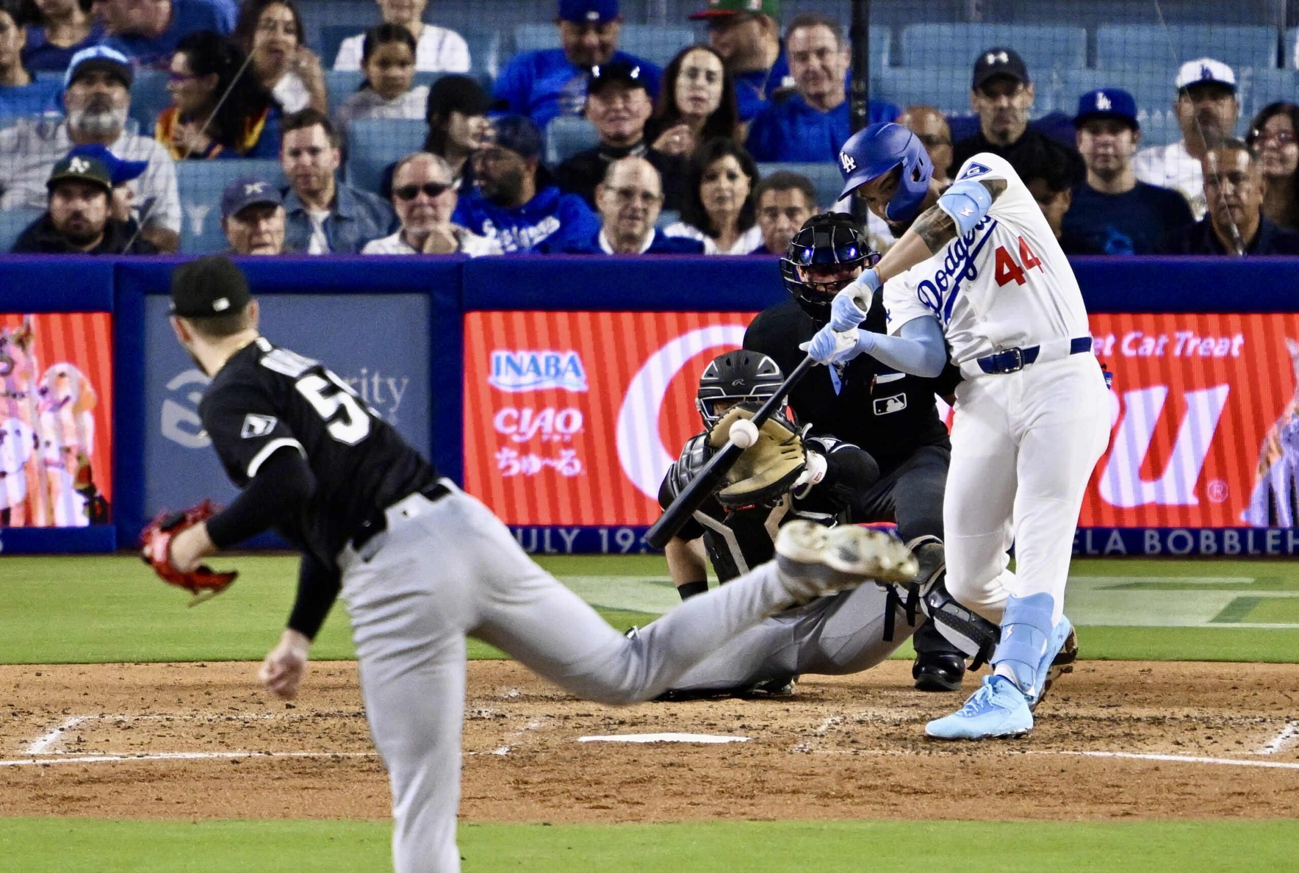 Andy Pages #44 of the Los Angeles Dodgers hits against...