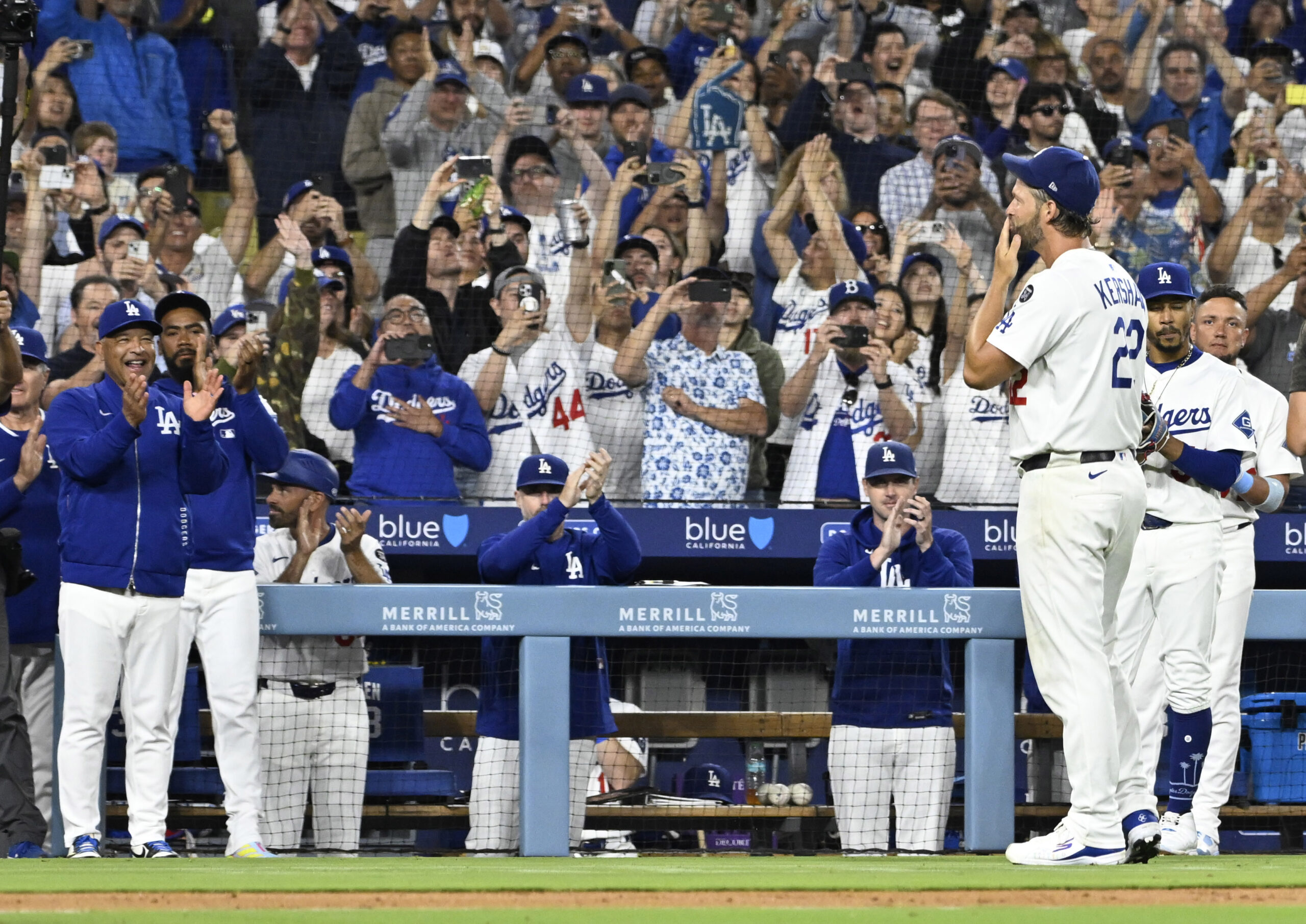 Clayton Kershaw #22 of the Los Angeles Dodgers blows a...