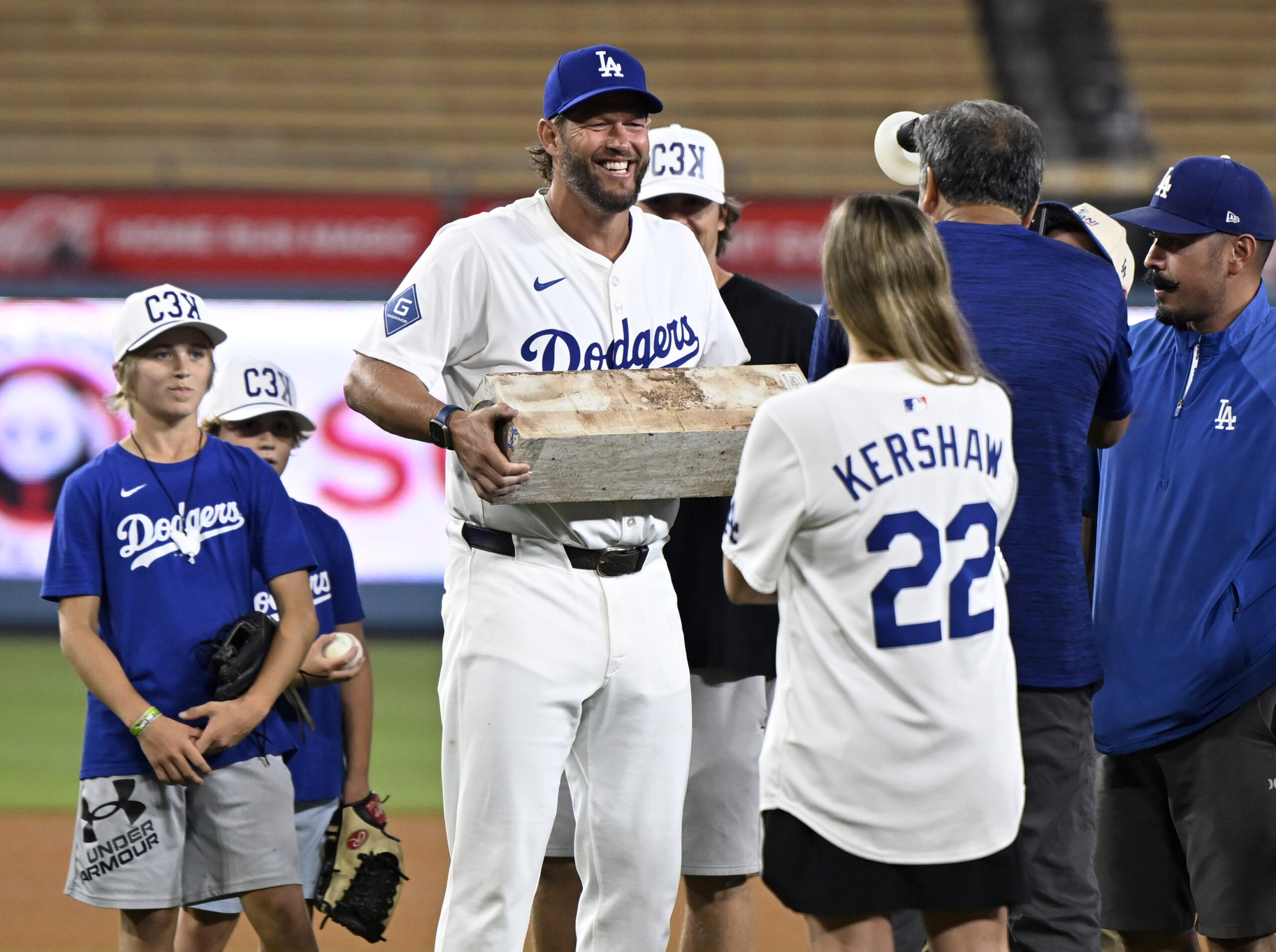Dodgers pitcher Clayton Kershaw poses with the pitching rubber after...
