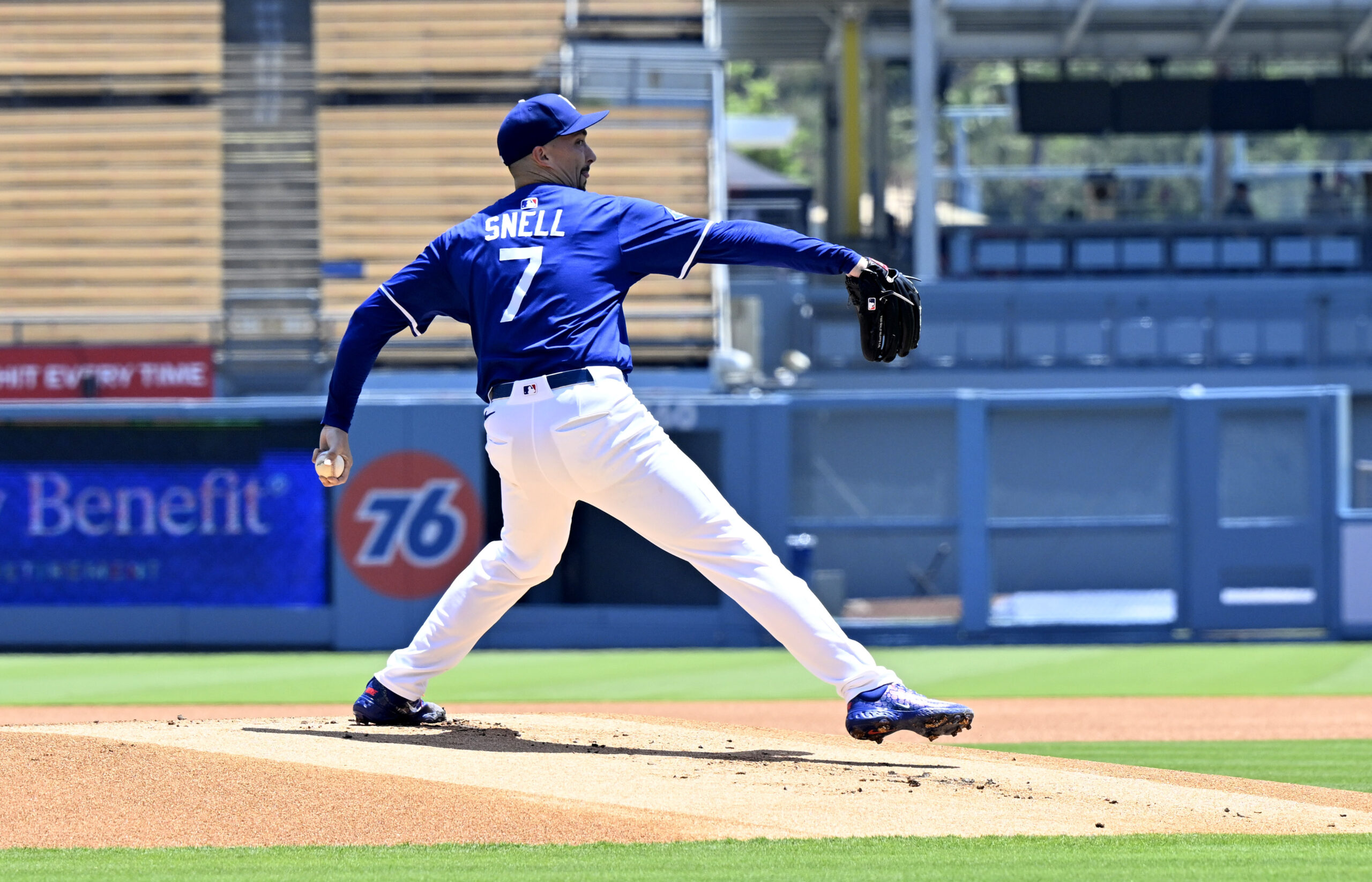 Pitcher Blake Snell of the Dodgers throws off the mound...