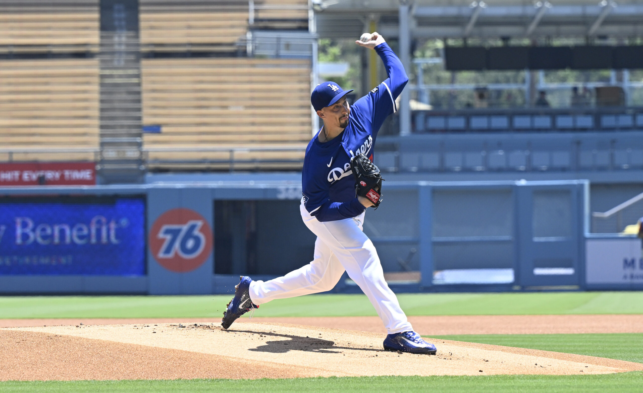 Pitcher Blake Snell of the Dodgers throws off the mound...