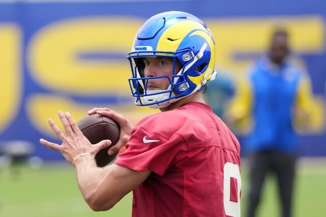 May 28, 2025; Woodland Hills, CA, USA; Los Angeles Rams quarterback Matthew Stafford (9) throws the ball during organized team activities at Rams Practice Facility. Mandatory Credit: Kirby Lee-Imagn Images Matthew Stafford, Rams