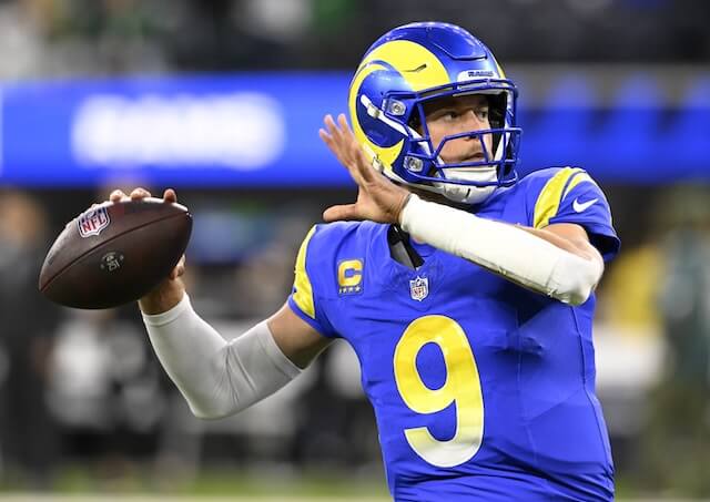 Nov 24, 2024; Inglewood, California, USA; Los Angeles Rams quarterback Matthew Stafford (9) throws during warmups before a game against the Philadelphia Eagles at SoFi Stadium. Mandatory Credit: Alex Gallardo-Imagn Images Matthew Stafford, Rams