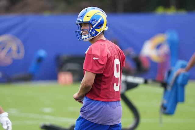 May 28, 2025; Woodland Hills, CA, USA; Los Angeles Rams quarterback Matt Stafford (9) watches drills during organized team activities at Rams Practice Facility. Mandatory Credit: Kirby Lee-Imagn Images Matthew Stafford, Rams