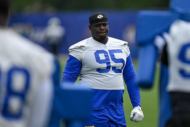 Woodland Hills, CA - May 28:Rams Poona Ford, #95, at OTAs at the practice facility in Woodland Hills on Wednesday, May 28, 2025. (Photo by David Crane/MediaNews Group/Los Angeles Daily News via Getty Images) Poona Ford, Rams