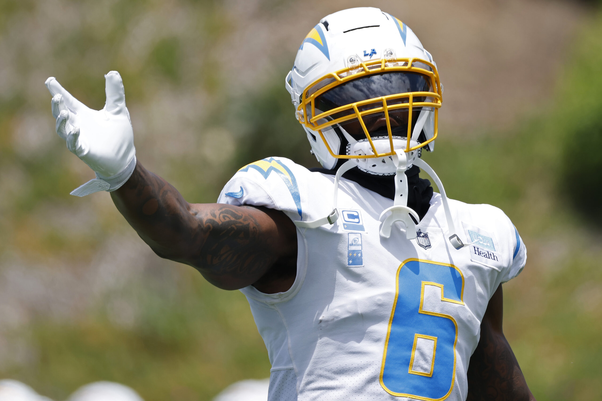 Chargers linebacker Denzel Perryman looks on during a practice at...