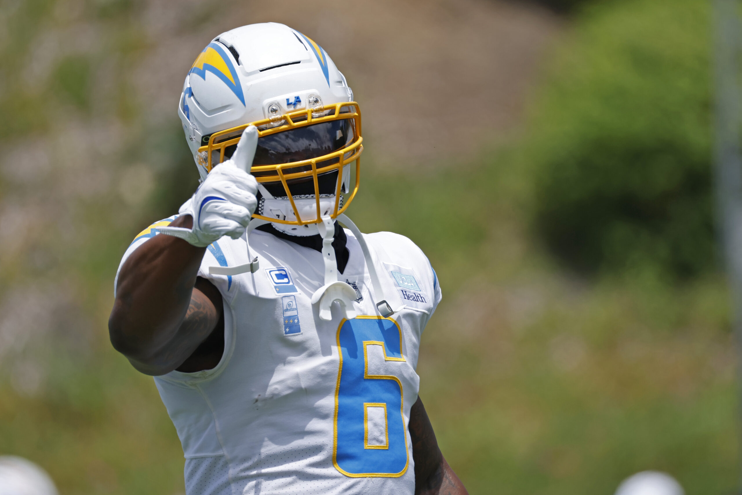 Chargers linebacker Denzel Perryman looks on during a practice at...