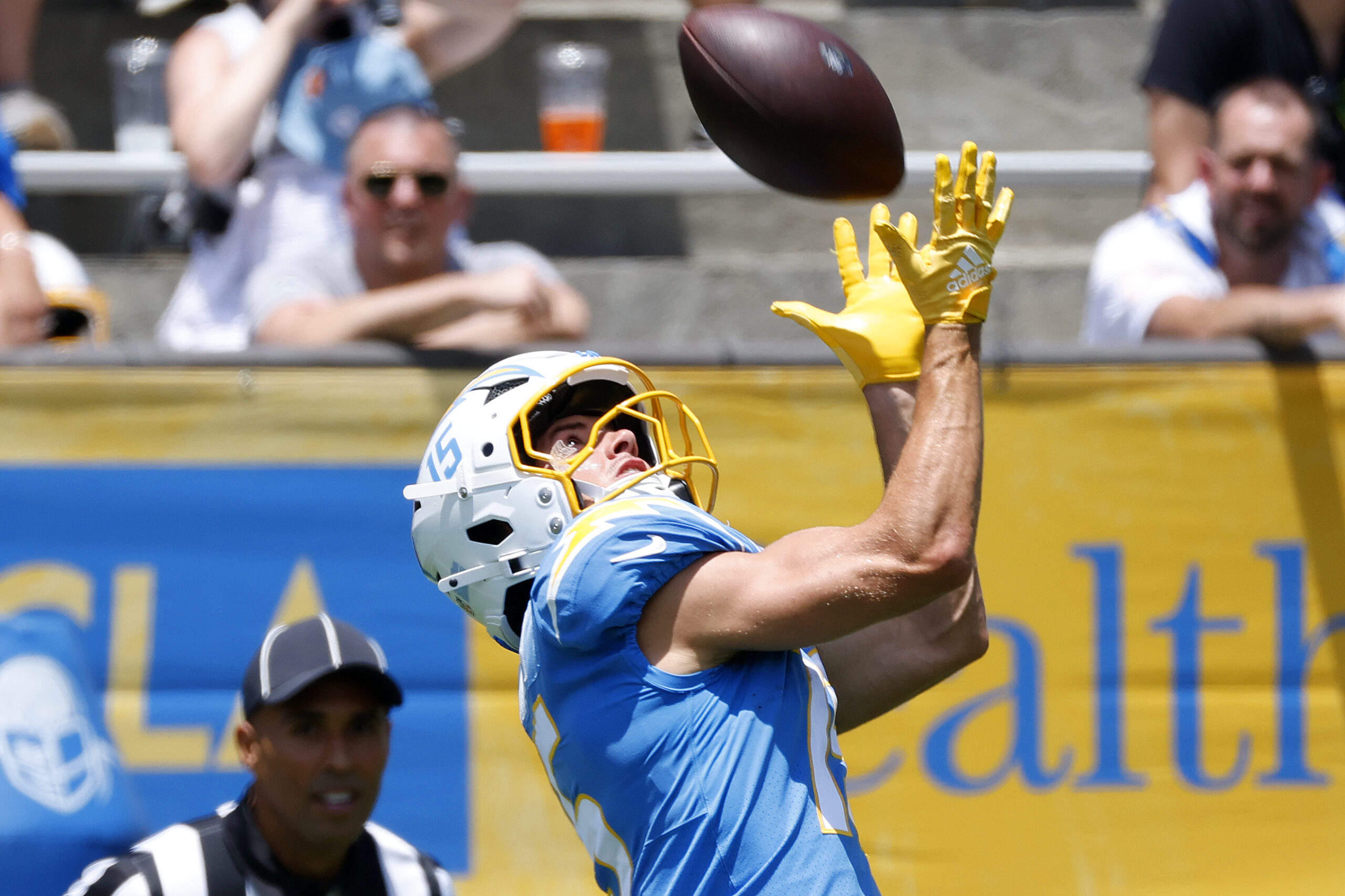 Chargers wide receiver Ladd McConkey catches a pass during a...