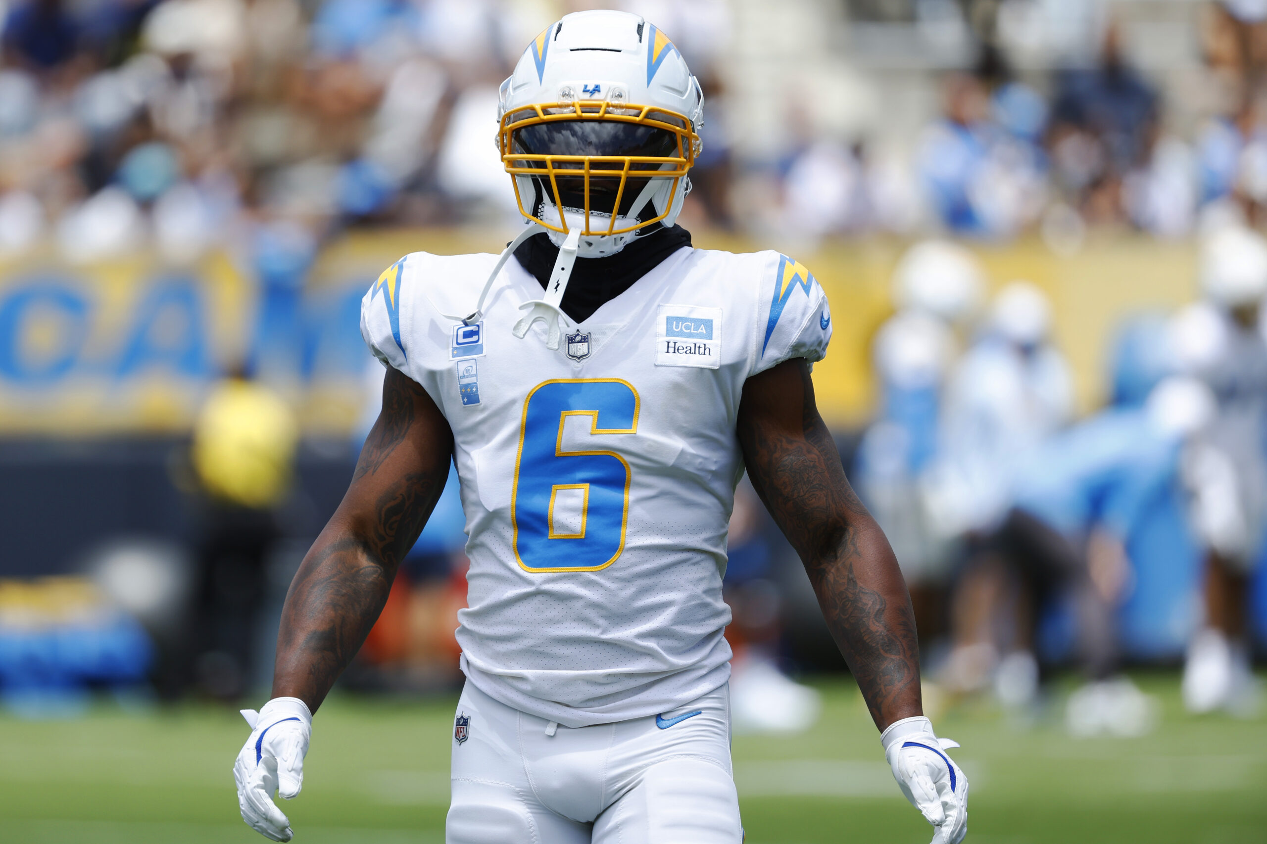 Chargers linebacker Denzel Perryman looks on during a practice at...