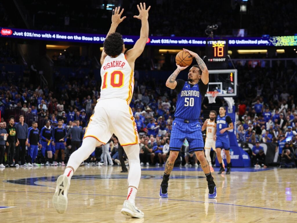 Apr 15, 2025; Orlando, Florida, USA; Orlando Magic guard Cole Anthony (50) shoots the ball against the Atlanta Hawks in the fourth quarter at Kia Center. Mandatory Credit: Nathan Ray Seebeck-Imagn Images