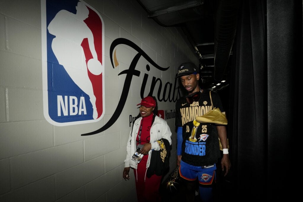 Jun 22, 2025; Oklahoma City, Oklahoma, USA; Oklahoma City Thunder guard Shai Gilgeous-Alexander (2) after winning game seven of the 2025 NBA Finals against the Indiana Pacers at Paycom Center. Mandatory Credit: Kyle Terada-Imagn Images
