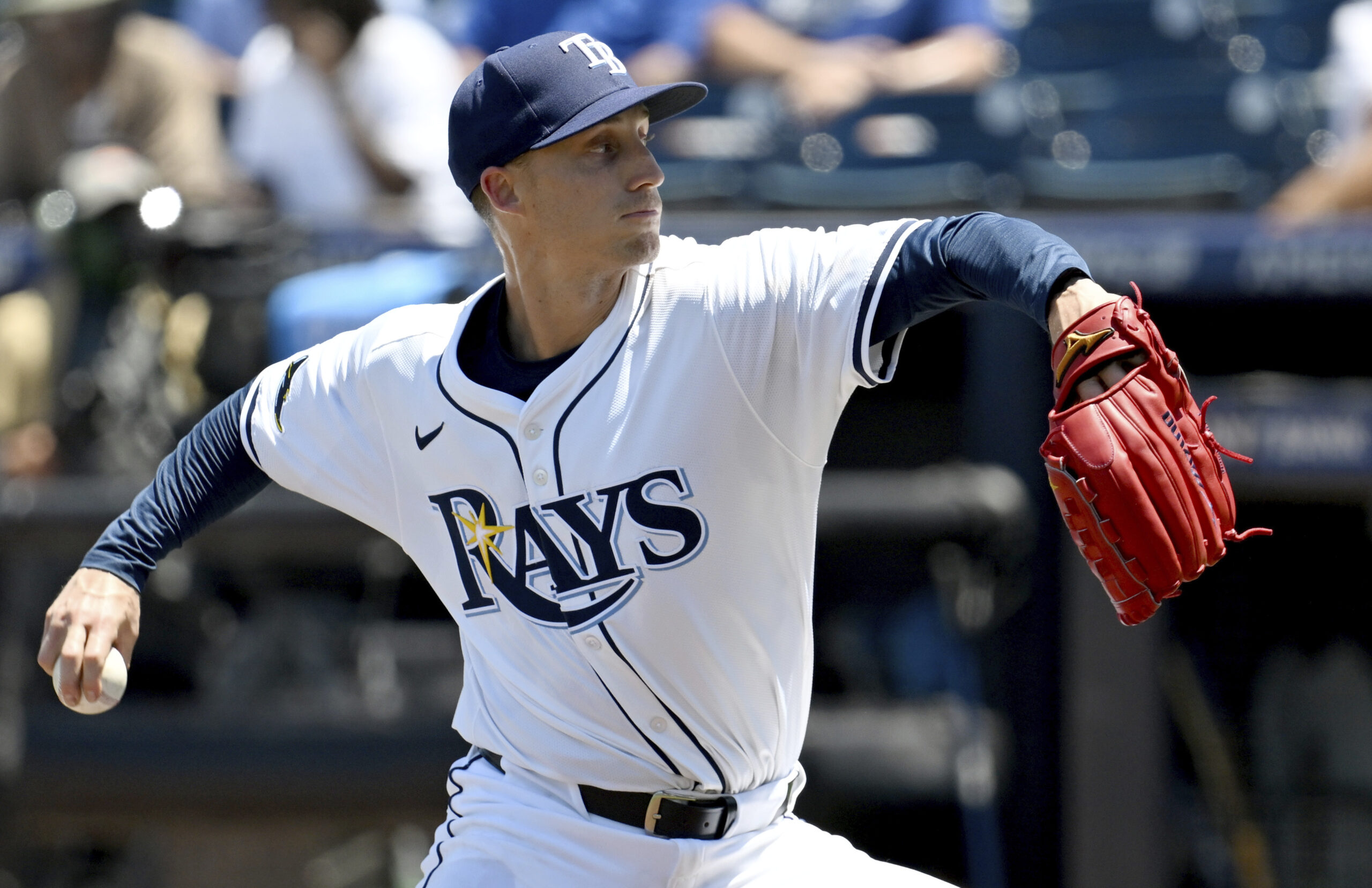 Tampa Bay Rays pitcher Griffin Jax throws during the ninth...