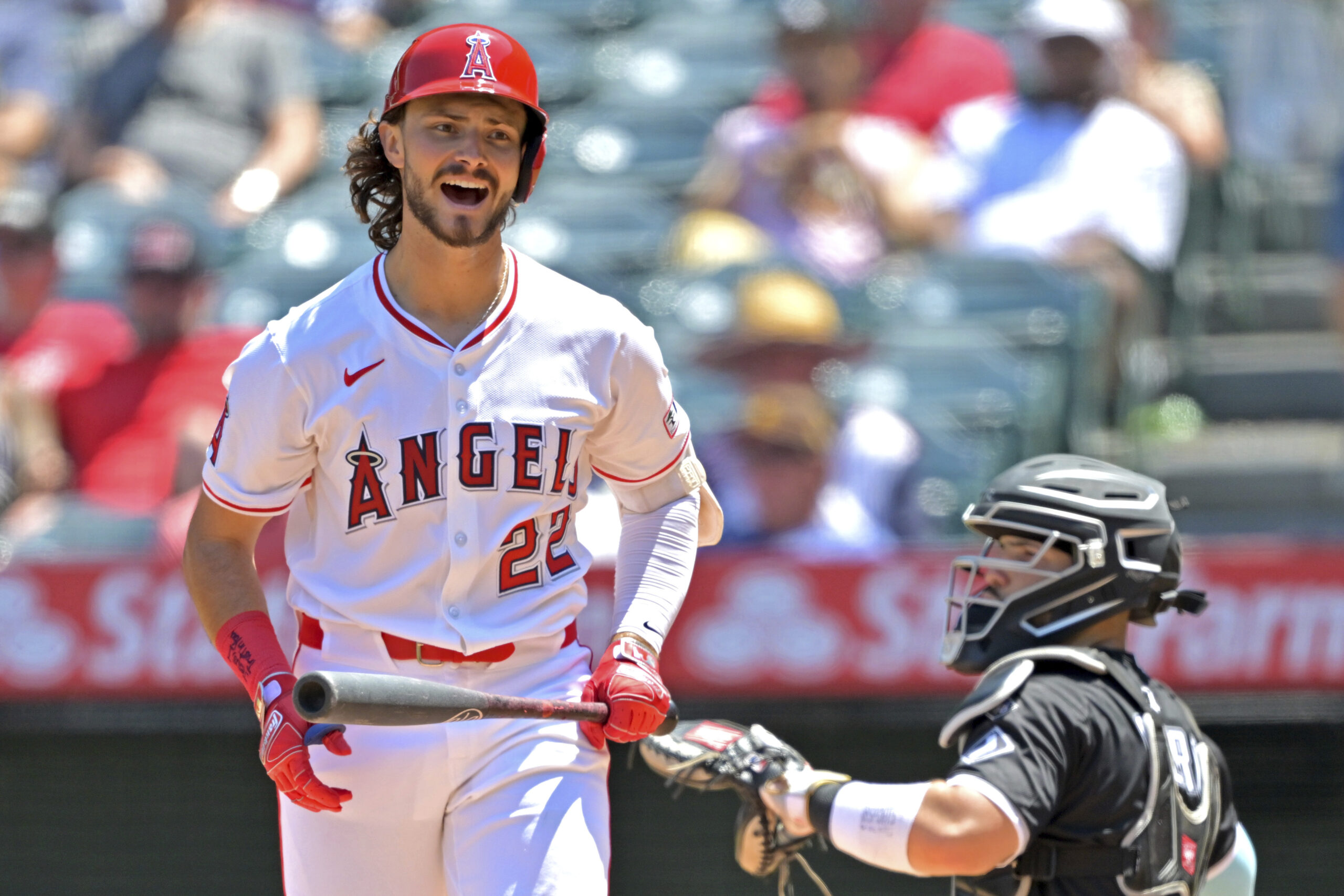 Angeles Bryce Teodosio (22) reacts after striking out during the...