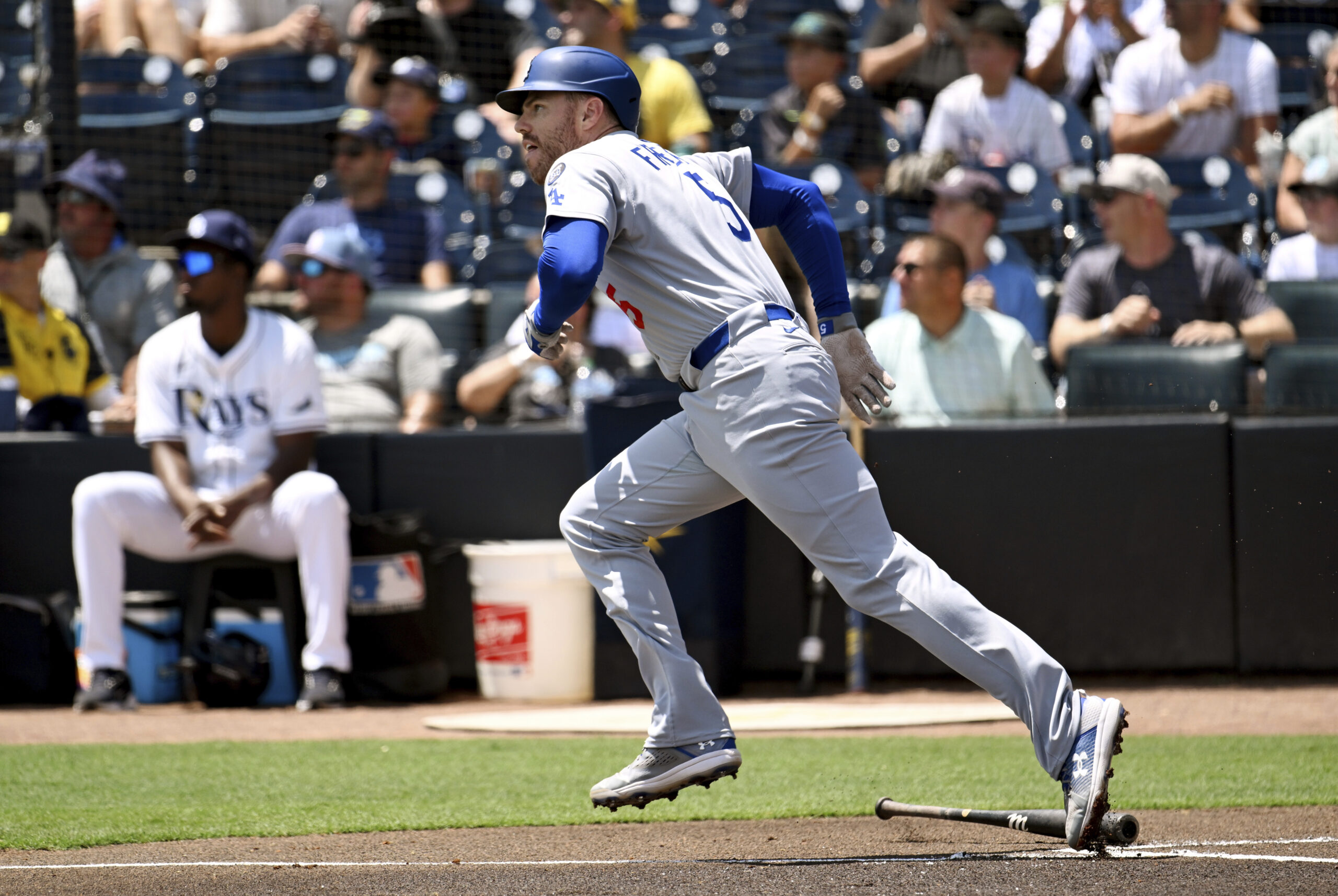 Dodgers’ Freddie Freeman doubles during the first inning of a...