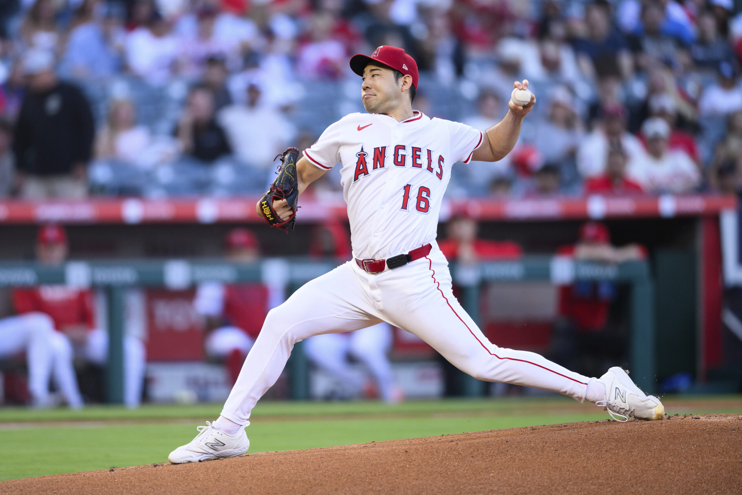 Angels pitcher Yusei Kikuchi delivers during the first inning of...