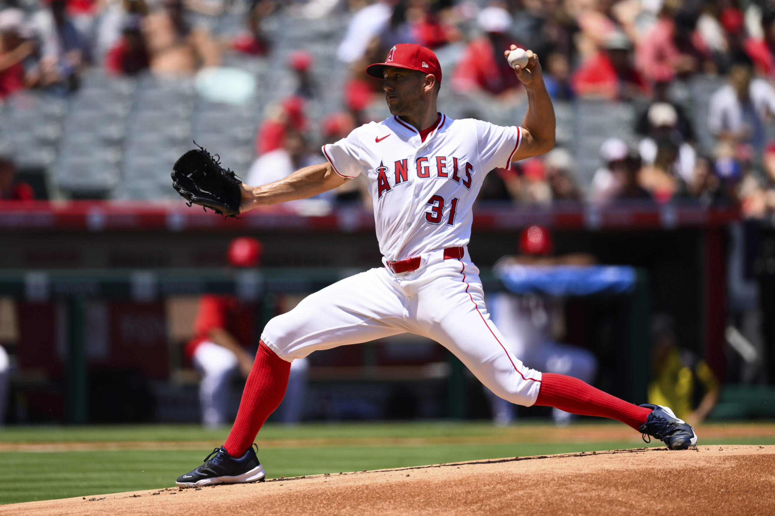 Angels pitcher Tyler Anderson delivers during the first inning of...